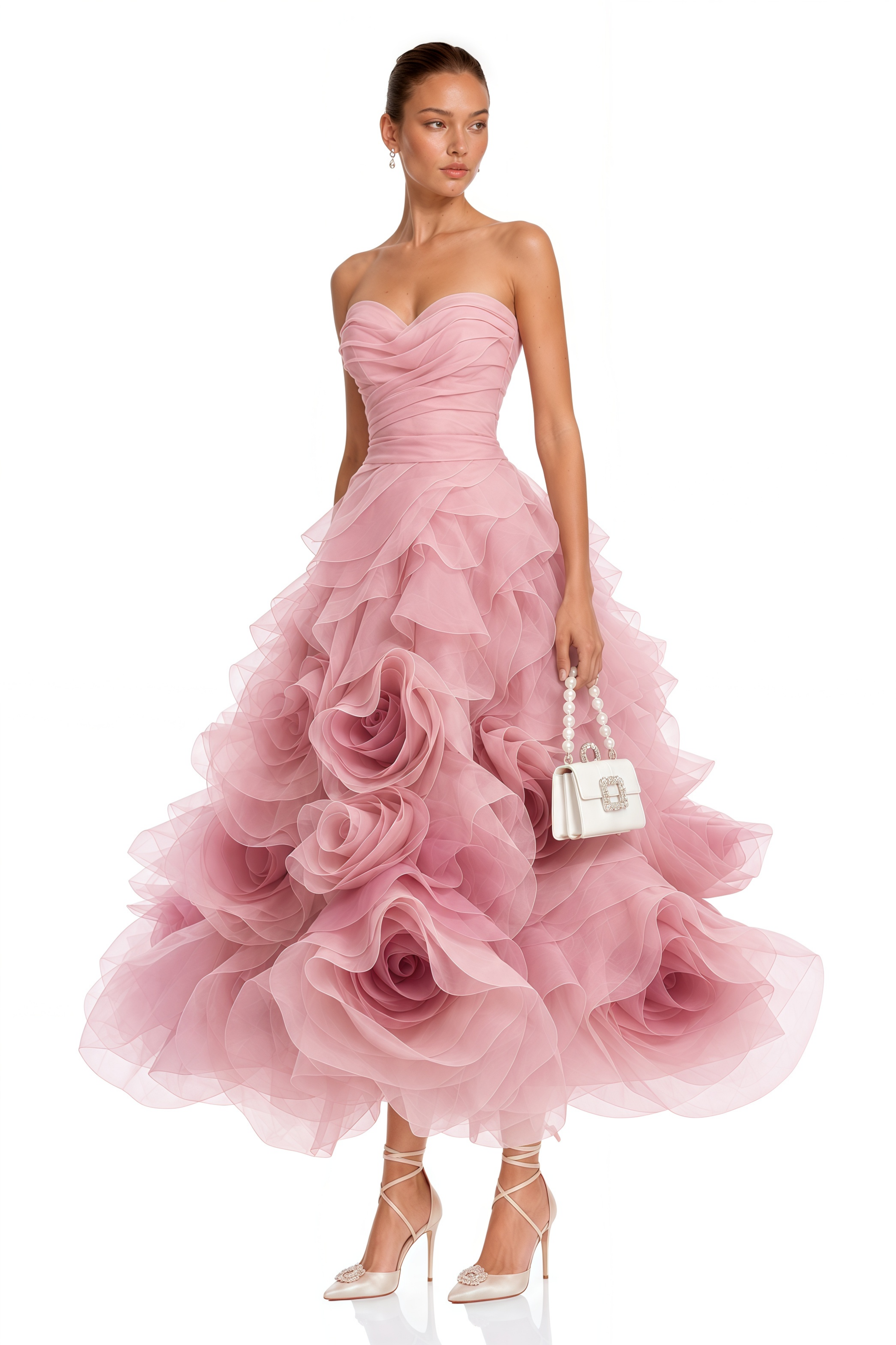 Marwa Pink 3D Floral Ruffled Tulle Midi Dress