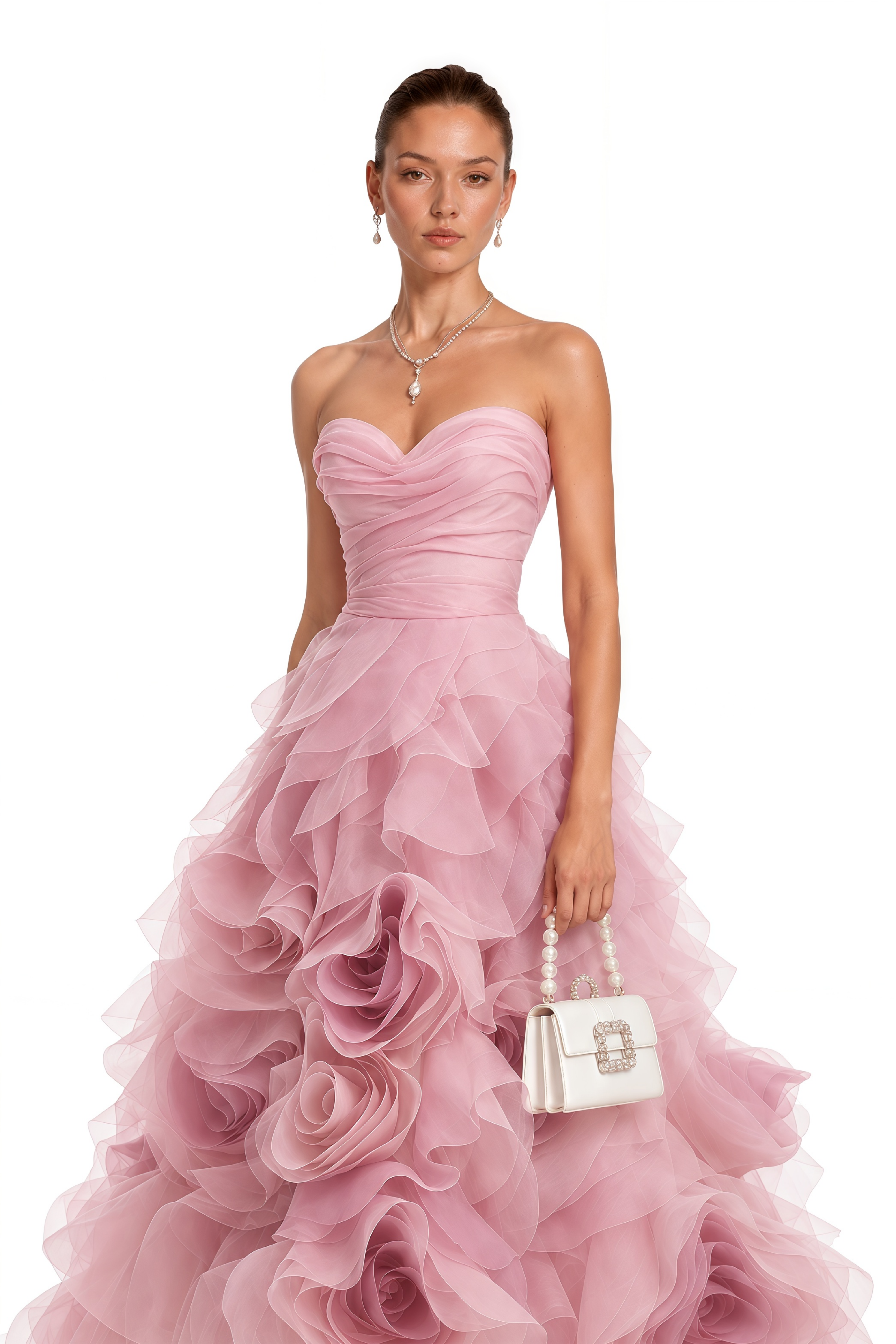 Marwa Pink 3D Floral Ruffled Tulle Midi Dress