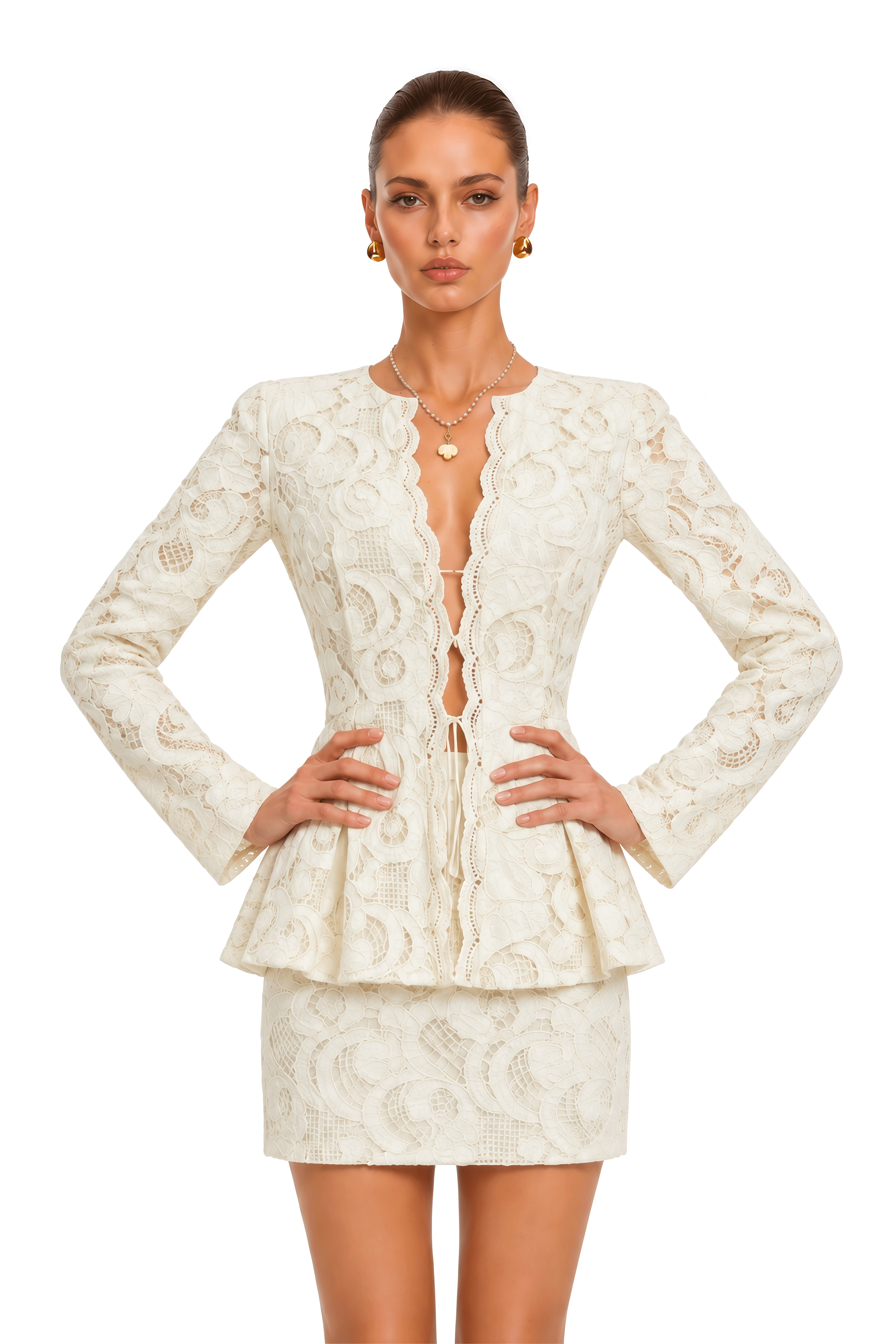 Marya Ivory Lace Peplum Top & Mini Skirt Set