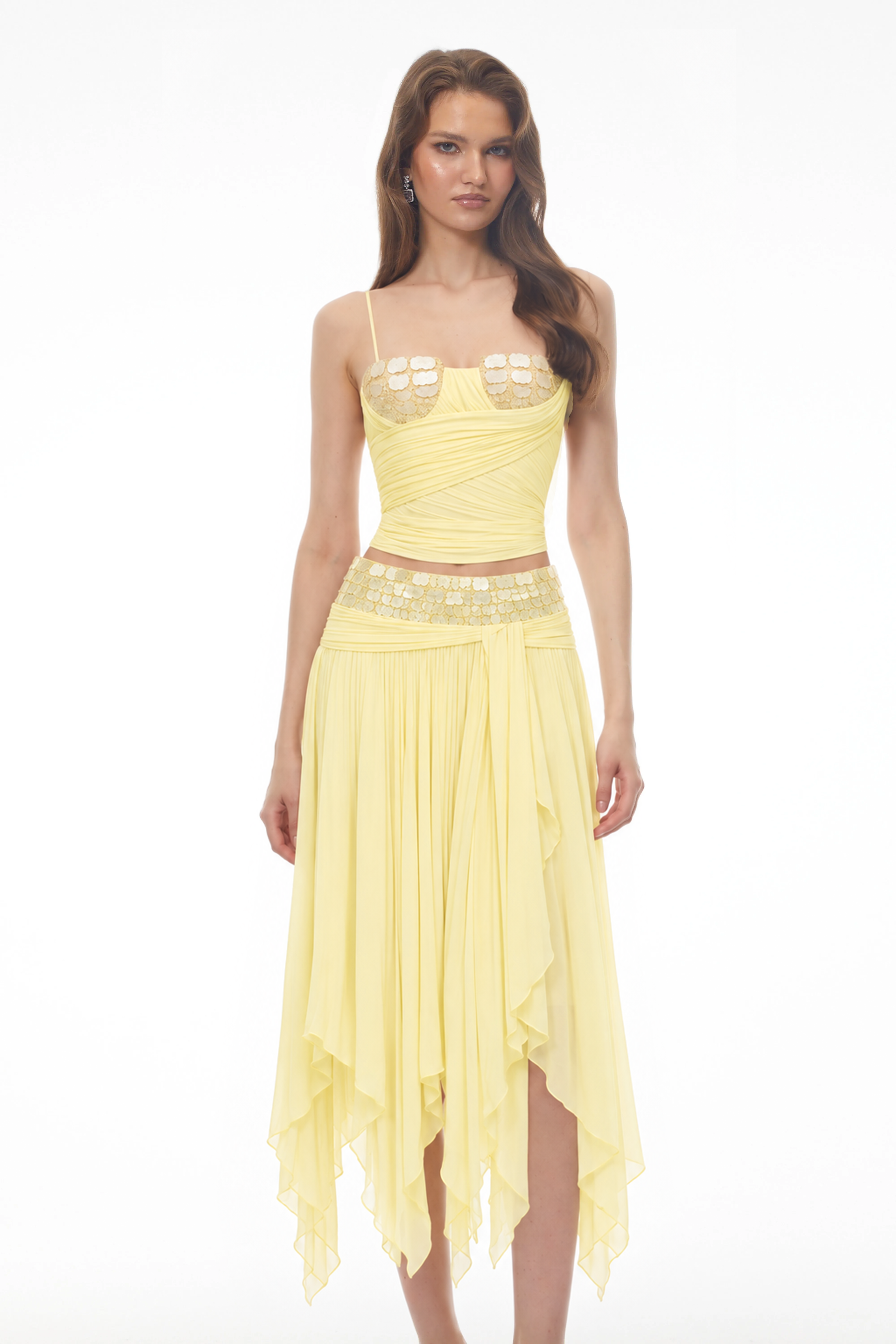 Maryam Yellow Sequin Top & Asymmetrical Skirt Set
