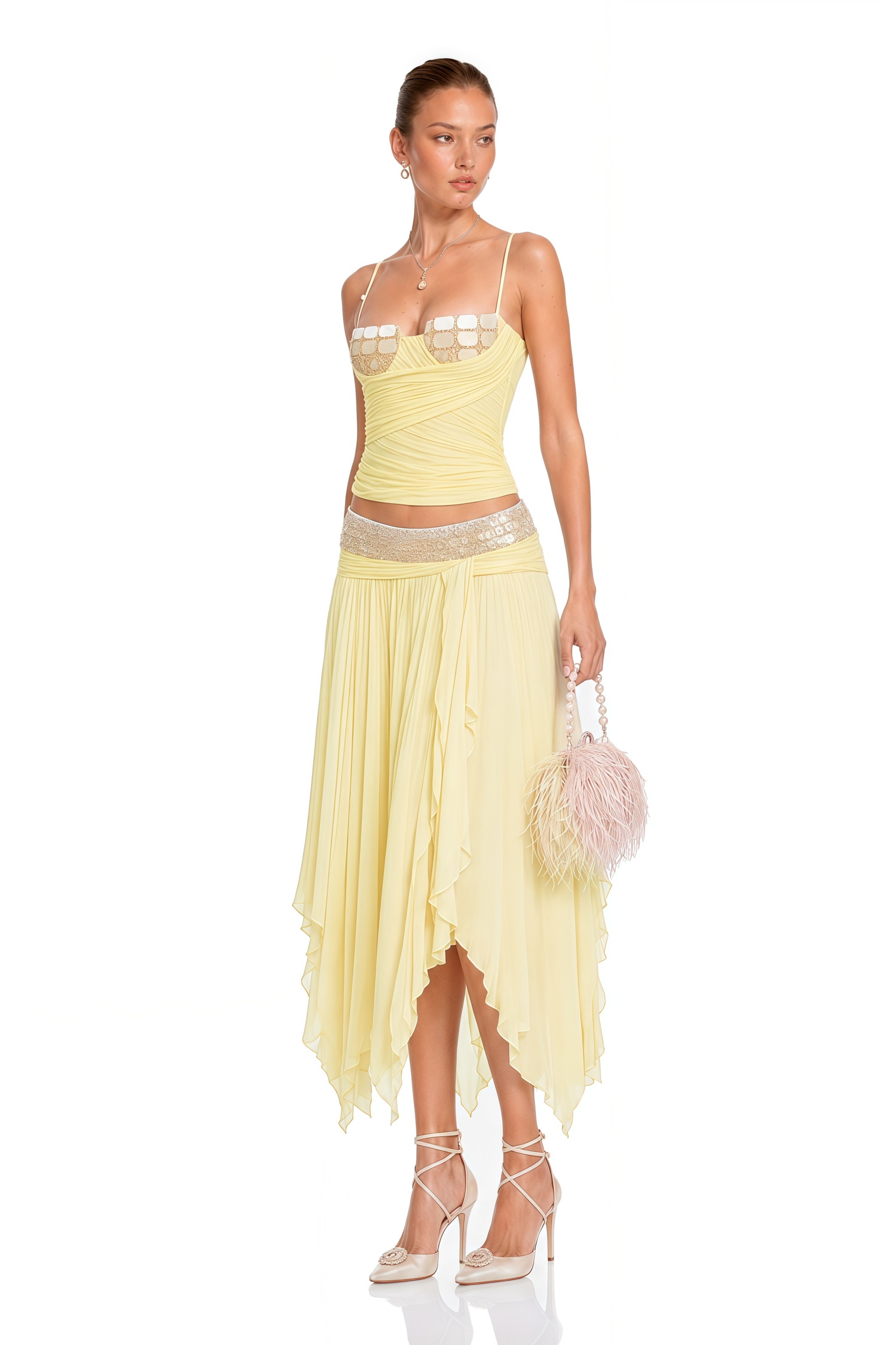 Maryam Yellow Sequin Top & Asymmetrical Skirt Set
