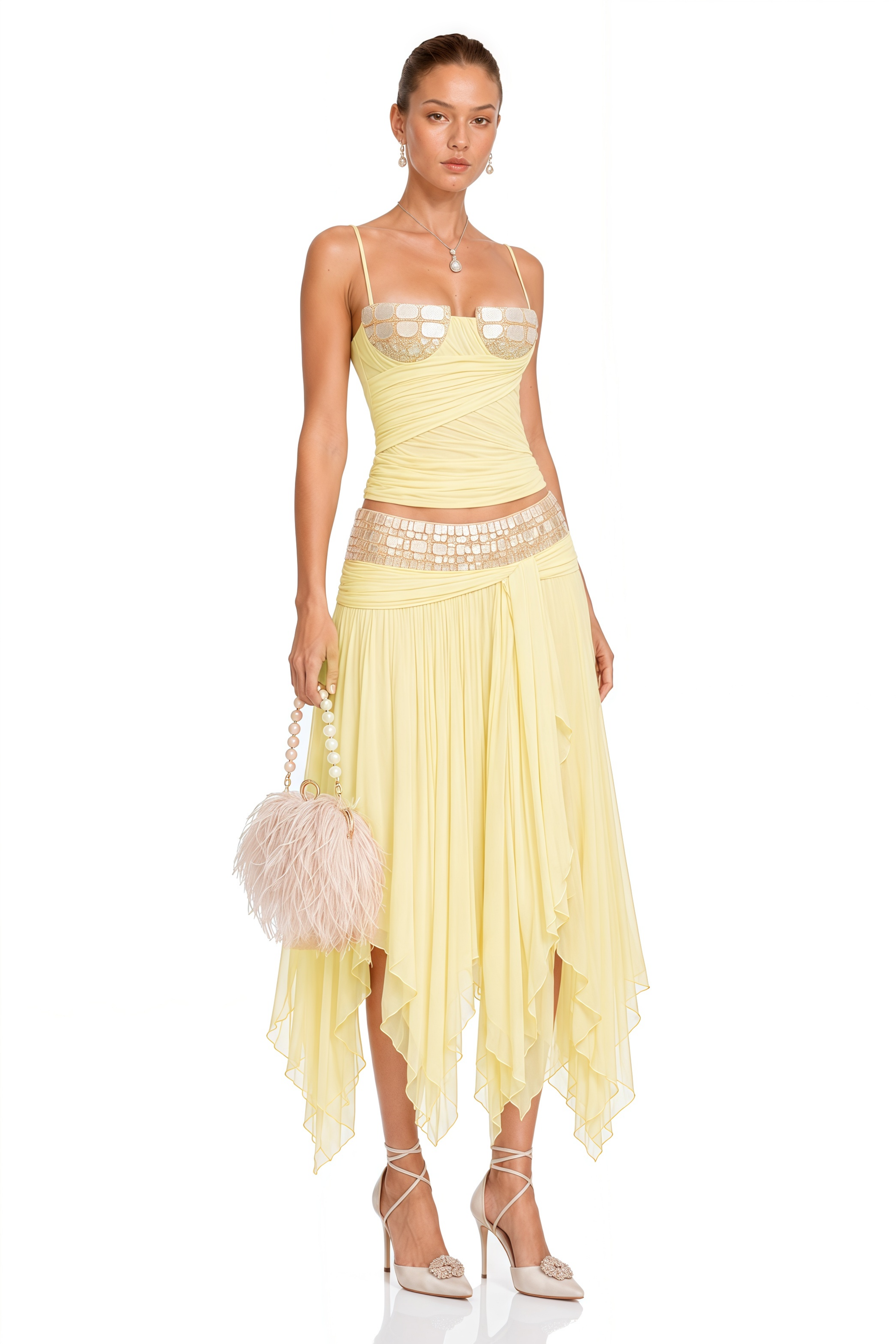 Maryam Yellow Sequin Top & Asymmetrical Skirt Set