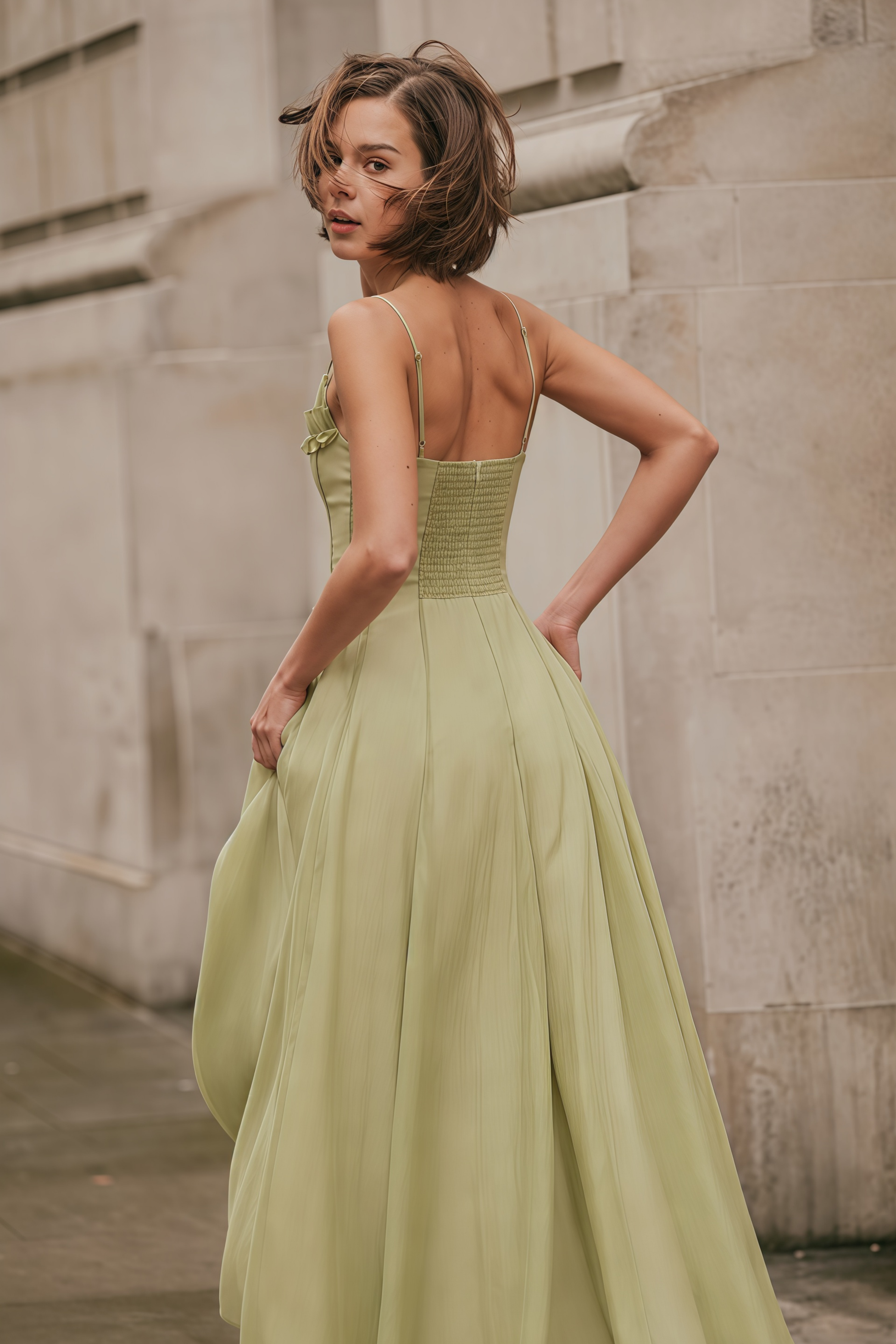 Matcha Ruffled Shirred Tulle Maxi Dress