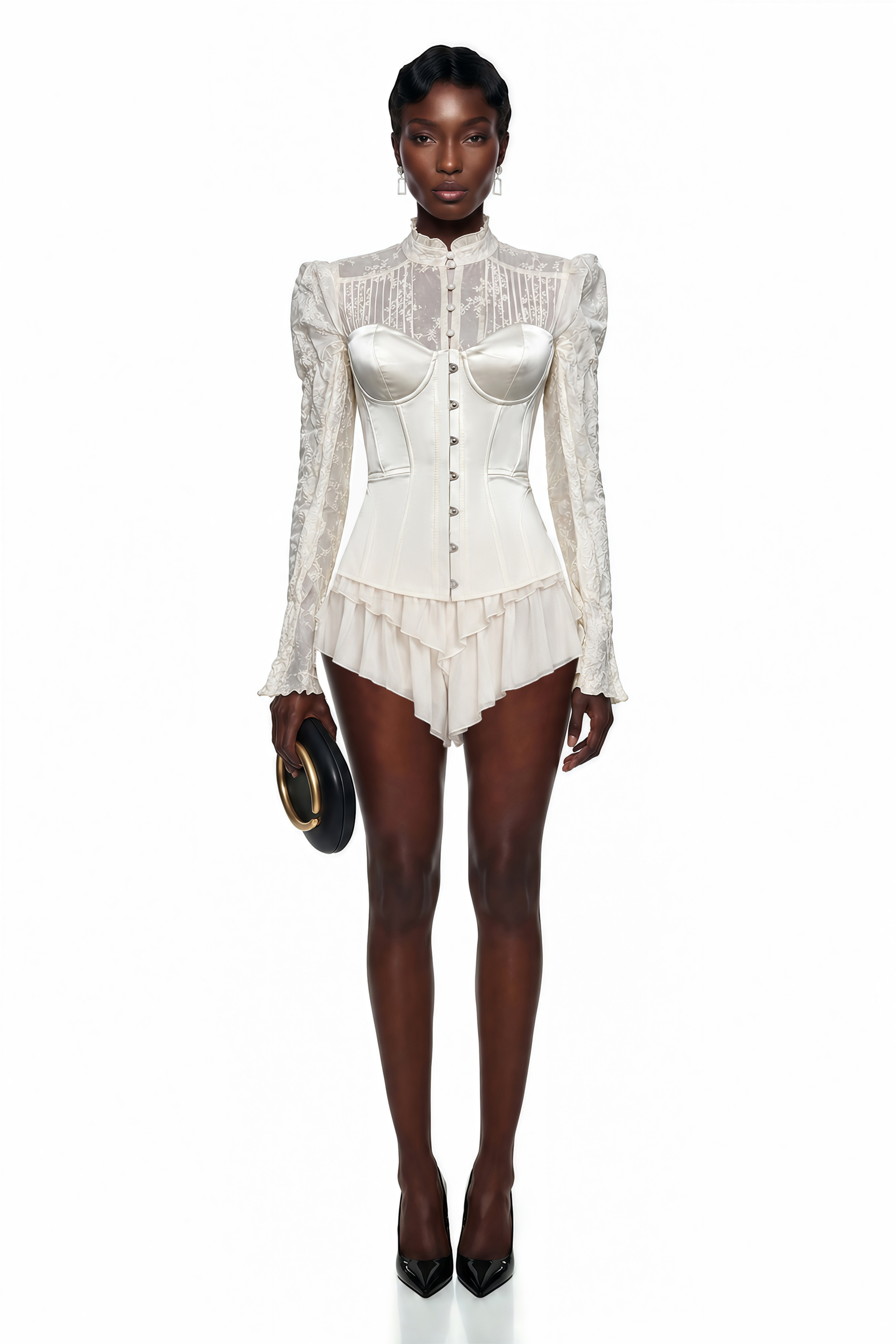 Off-white corset top and ruffled mini skirt set with sheer lace long sleeves