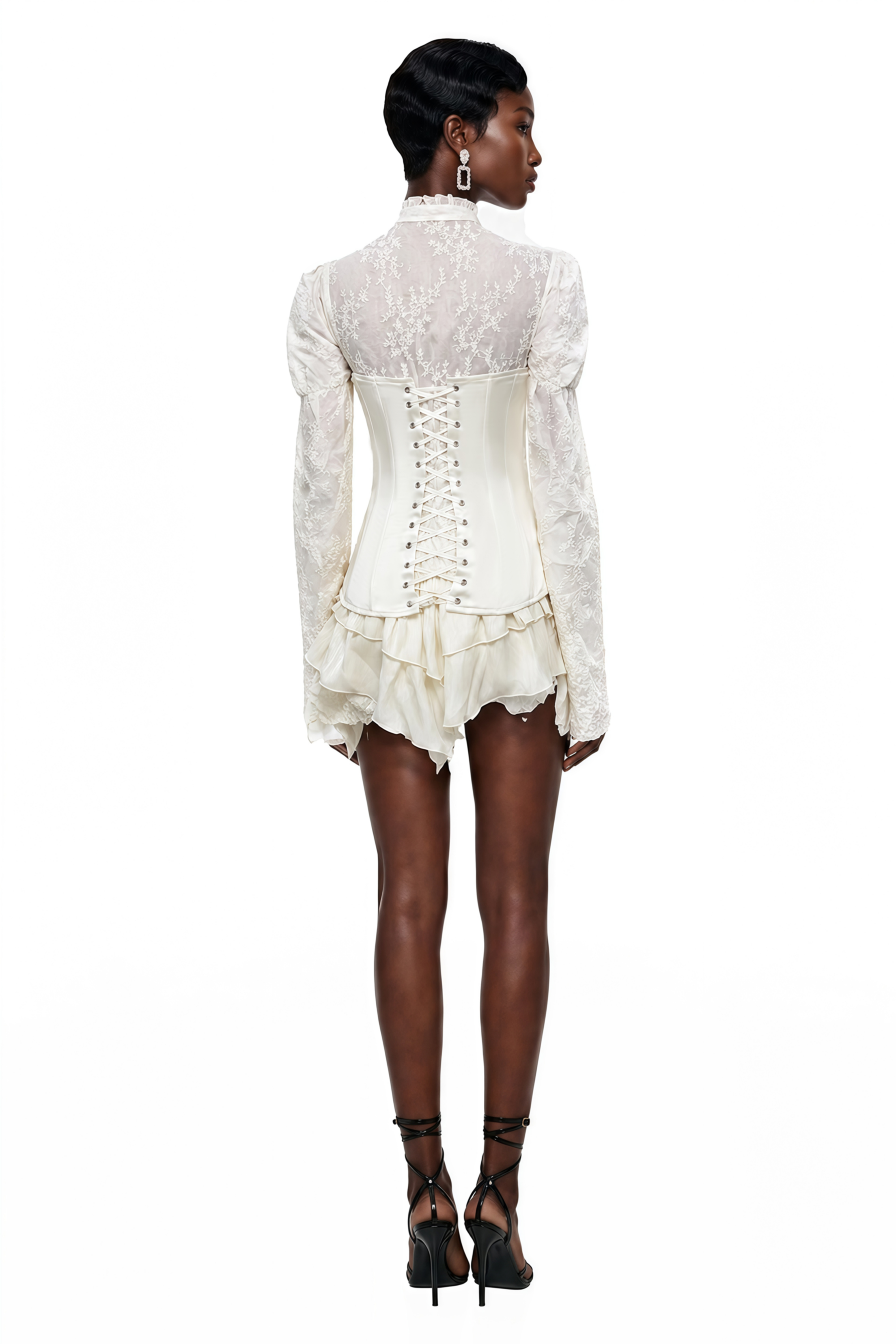 Off-white corset top and ruffled mini skirt set with sheer lace long sleeves