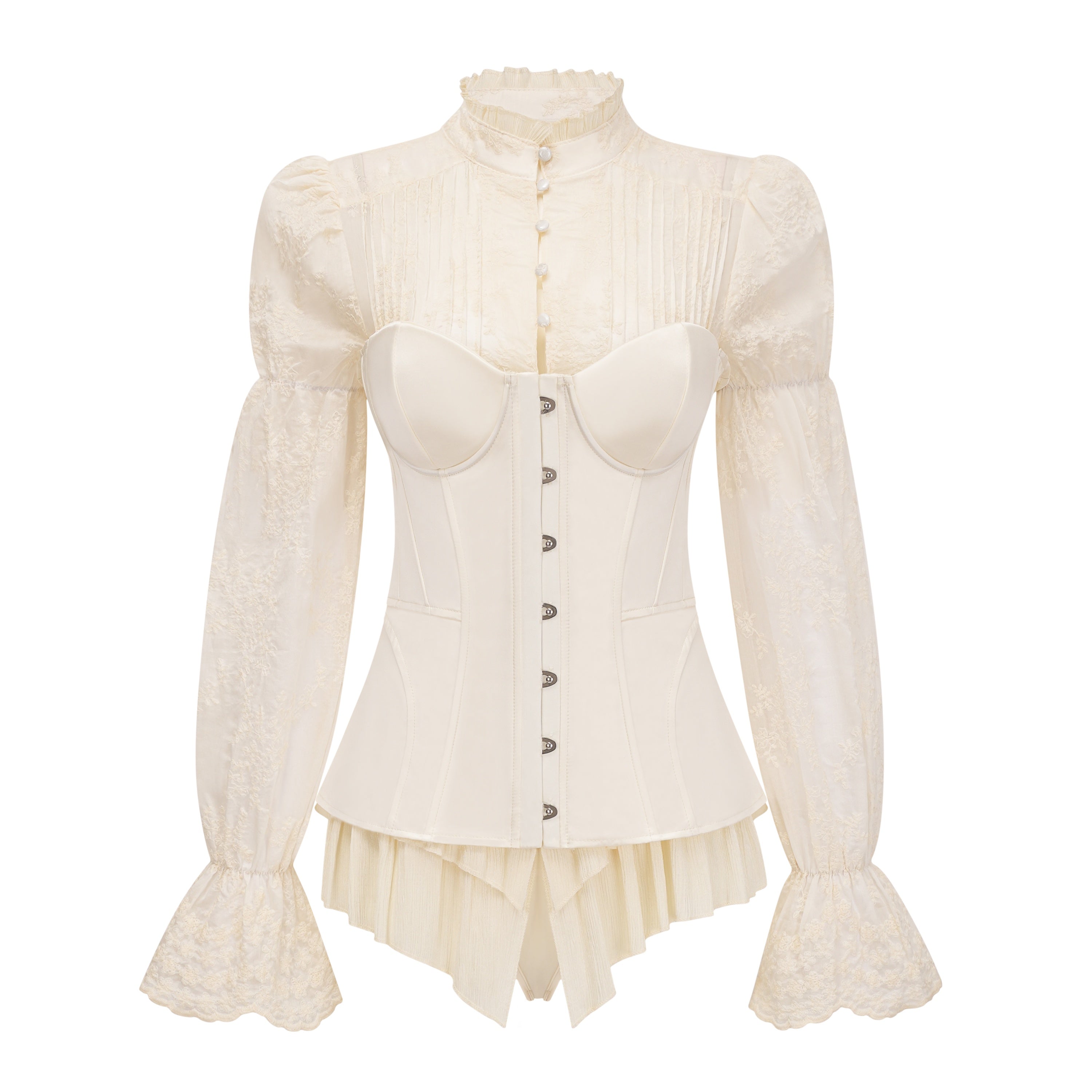 Off-white corset top and ruffled mini skirt set with sheer lace long sleeves
