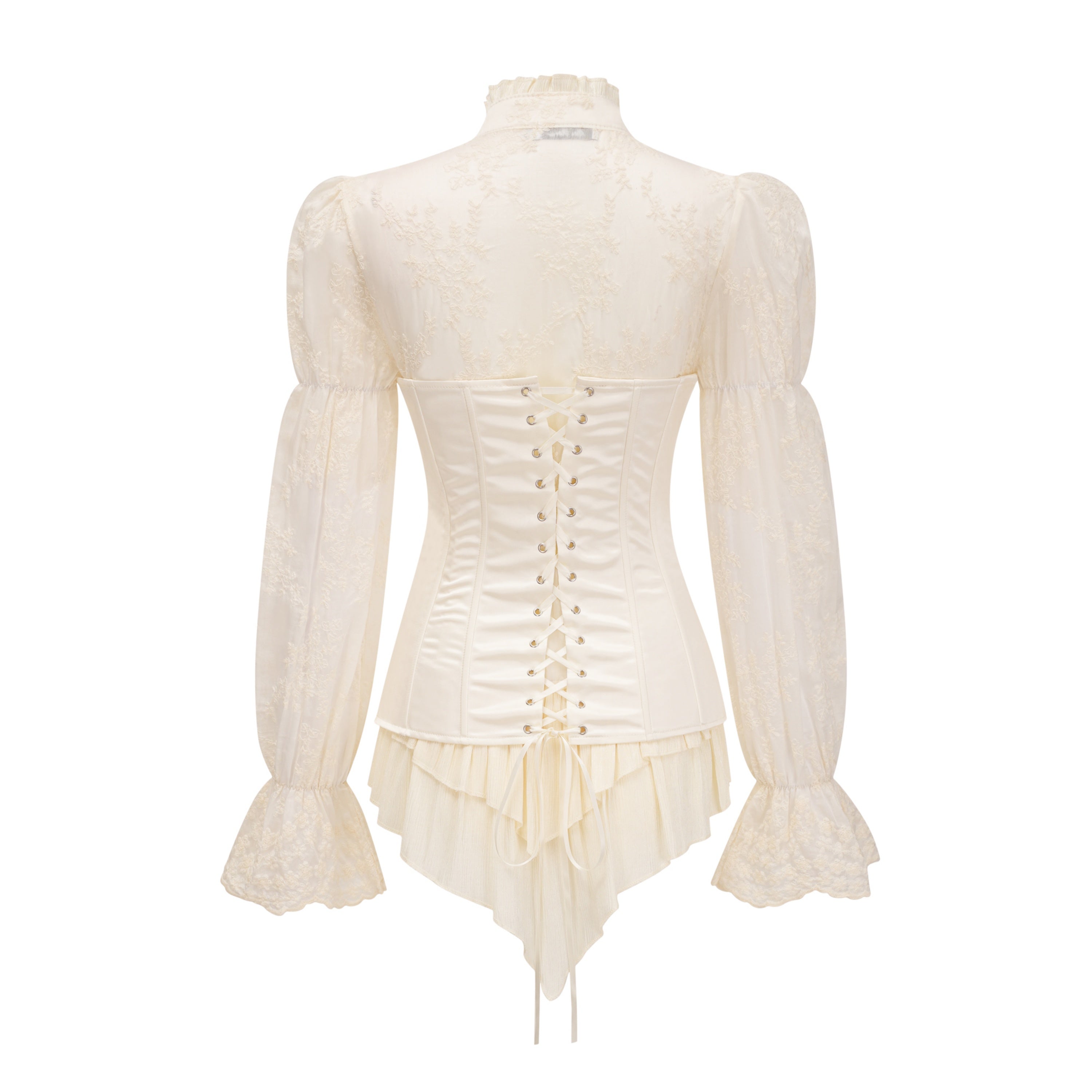 Off-white corset top and ruffled mini skirt set with sheer lace long sleeves