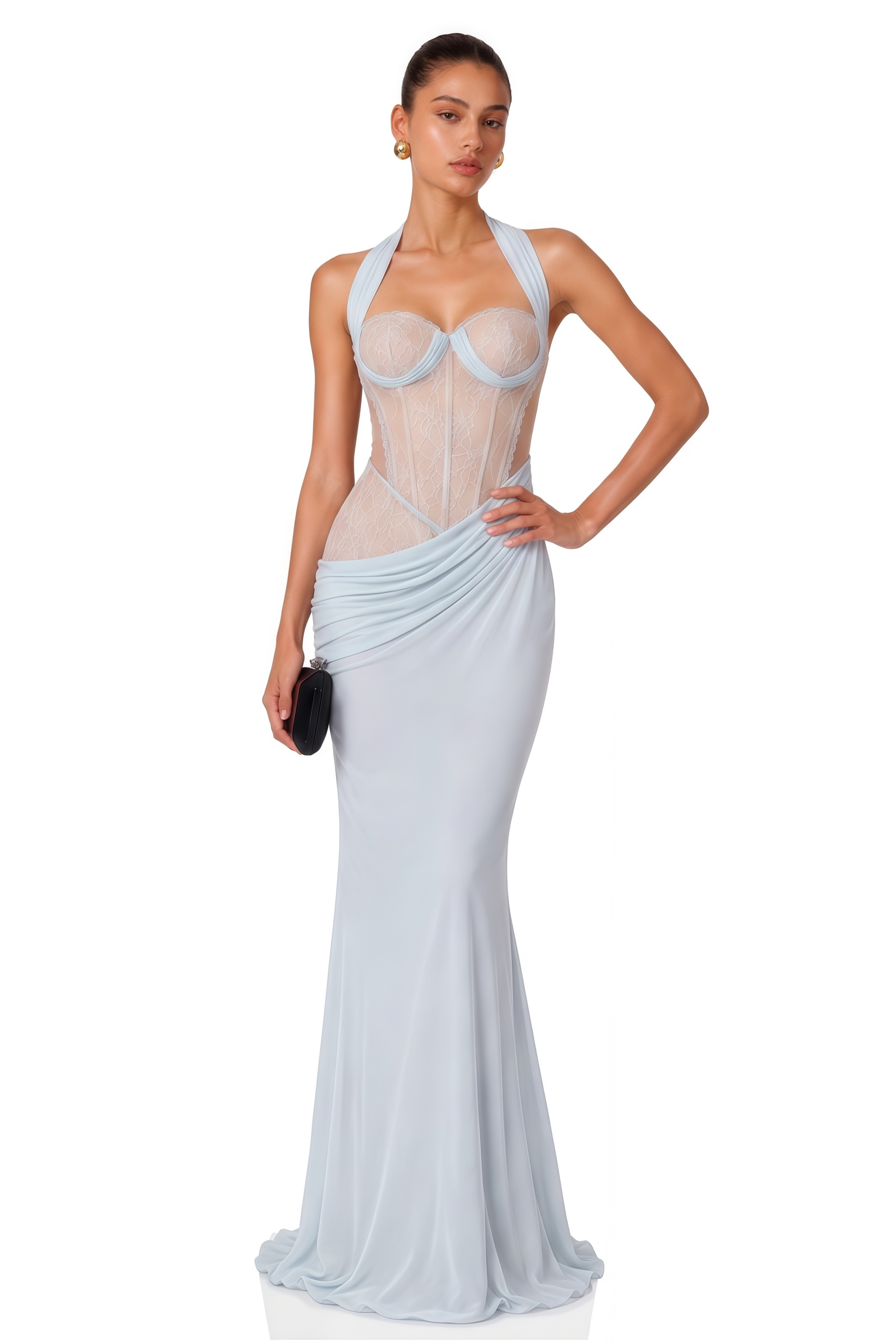 Mckenna Blue Lace Corset Halterneck Maxi Dress