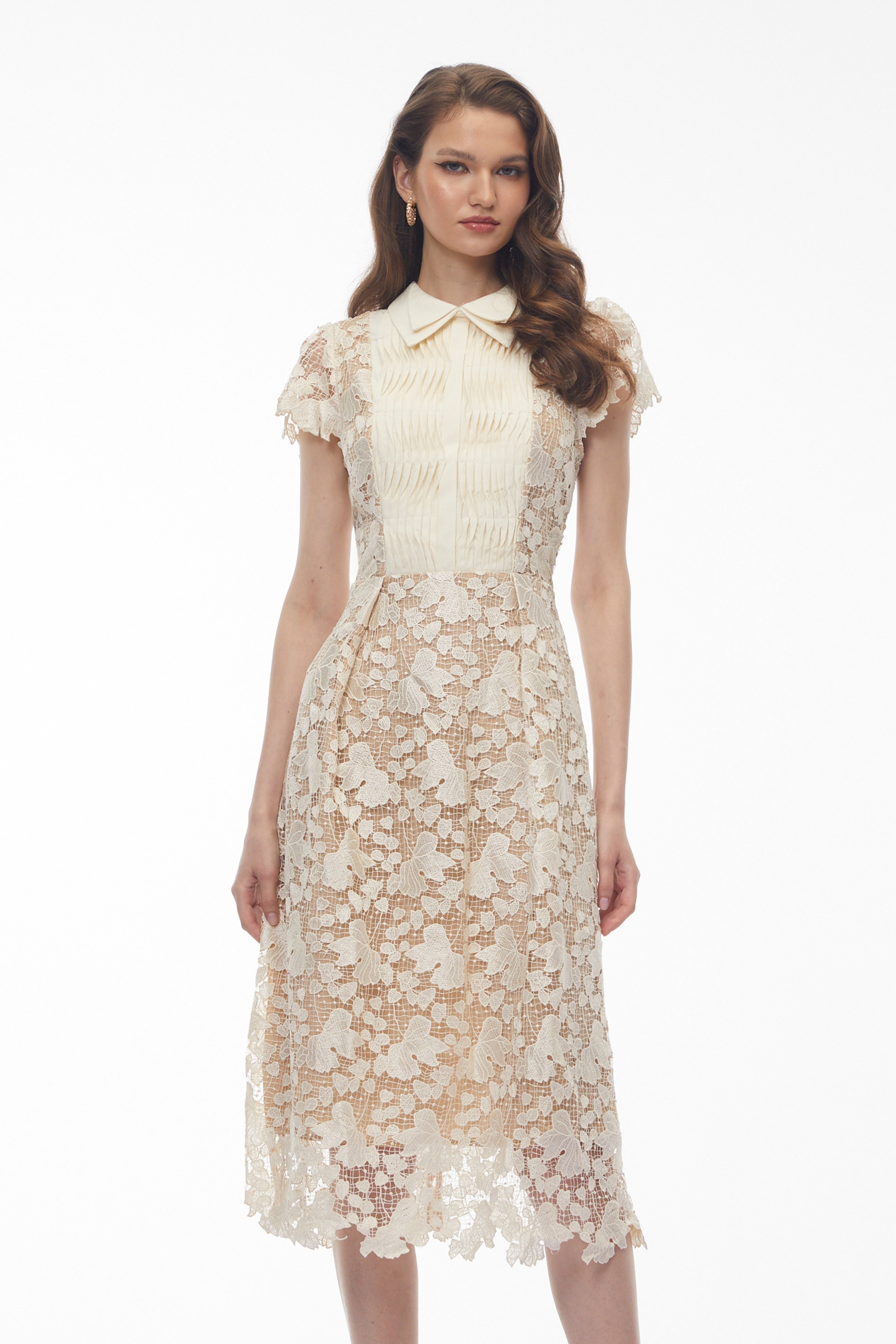 Beige floral lace midi dress with a pleated collared bodice