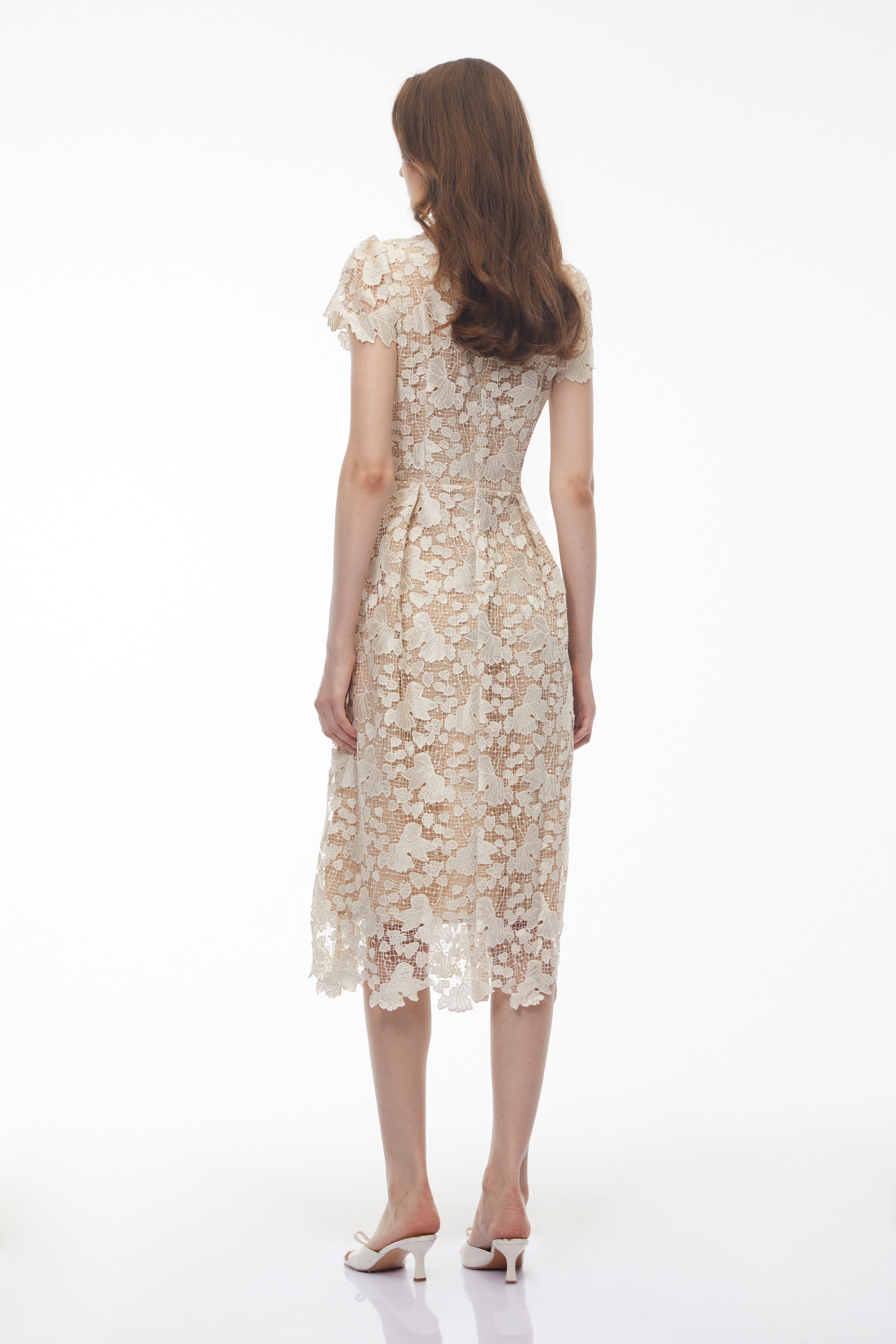 Beige floral lace midi dress with a pleated collared bodice