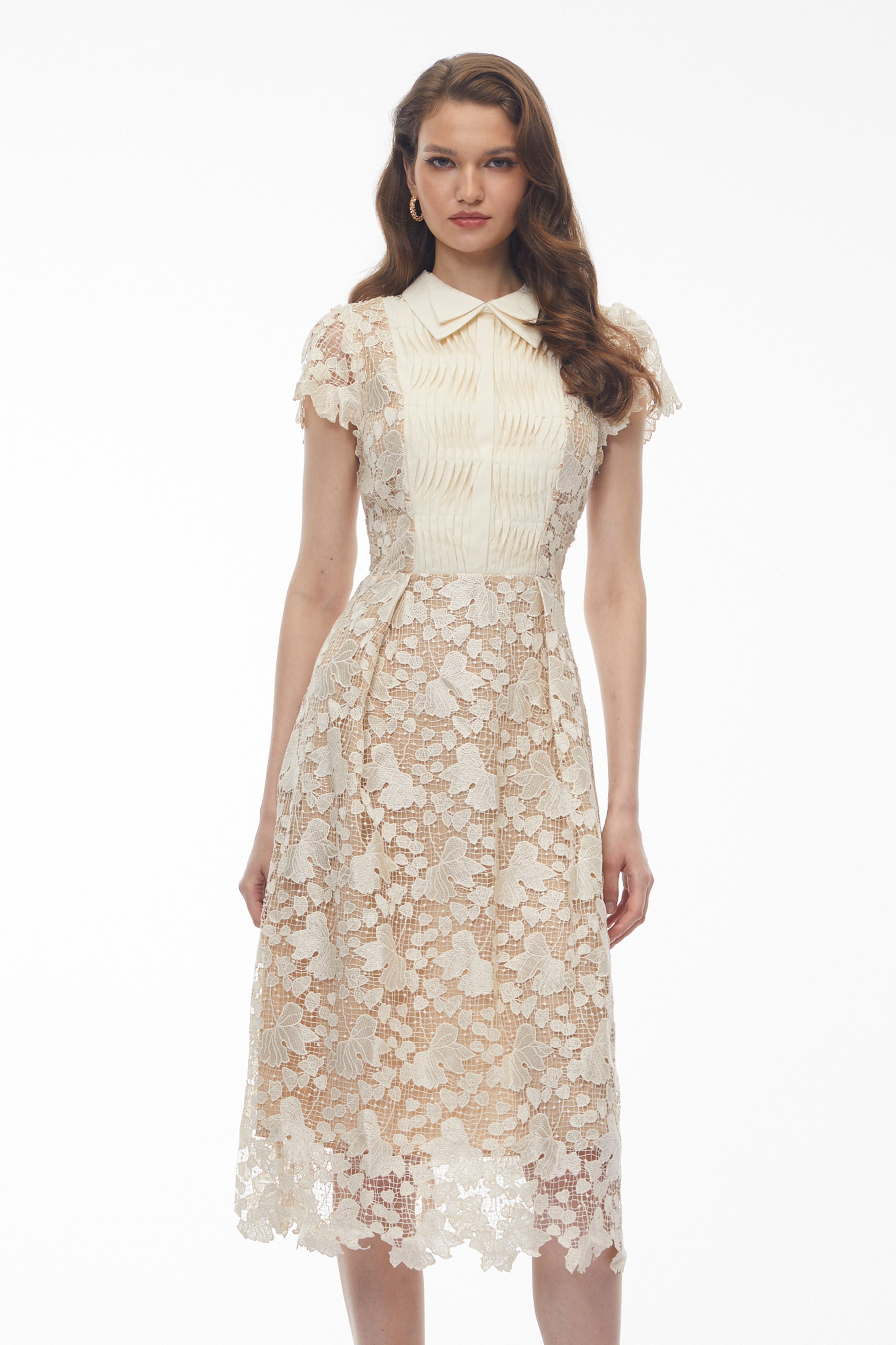 Beige floral lace midi dress with a pleated collared bodice