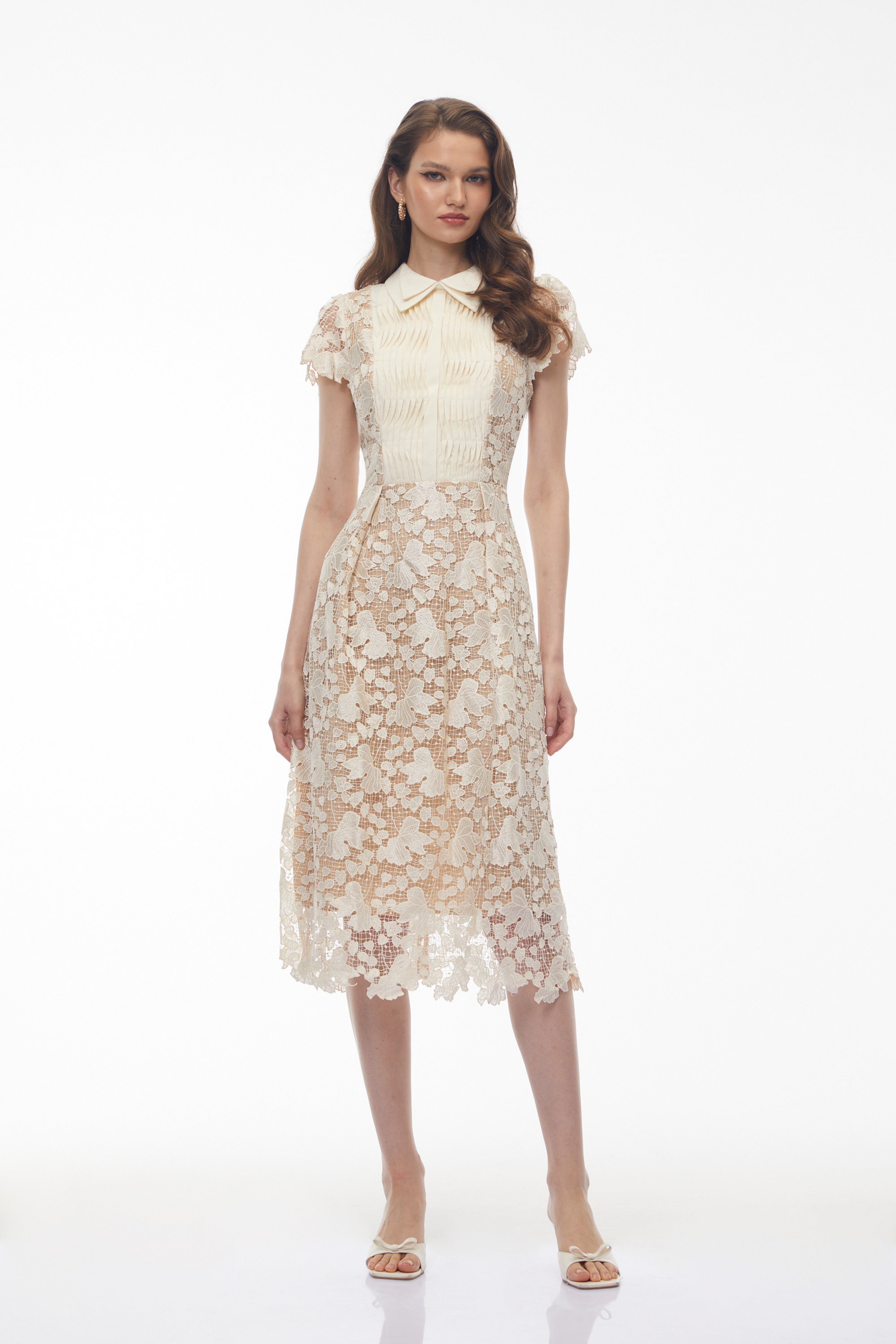 Beige floral lace midi dress with a pleated collared bodice