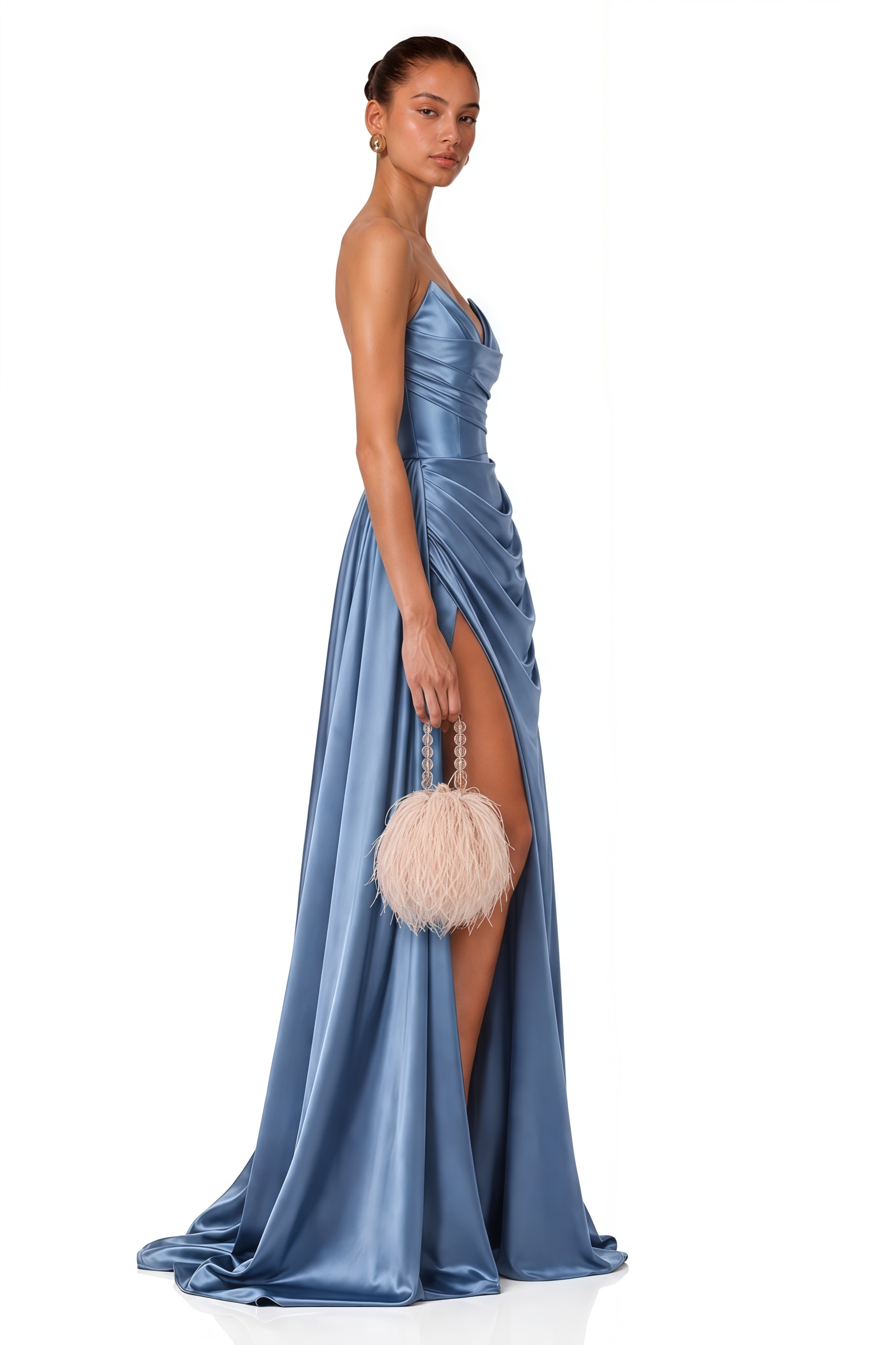 Meadow Blue Draped Cowl Neck Satin Maxi Dress