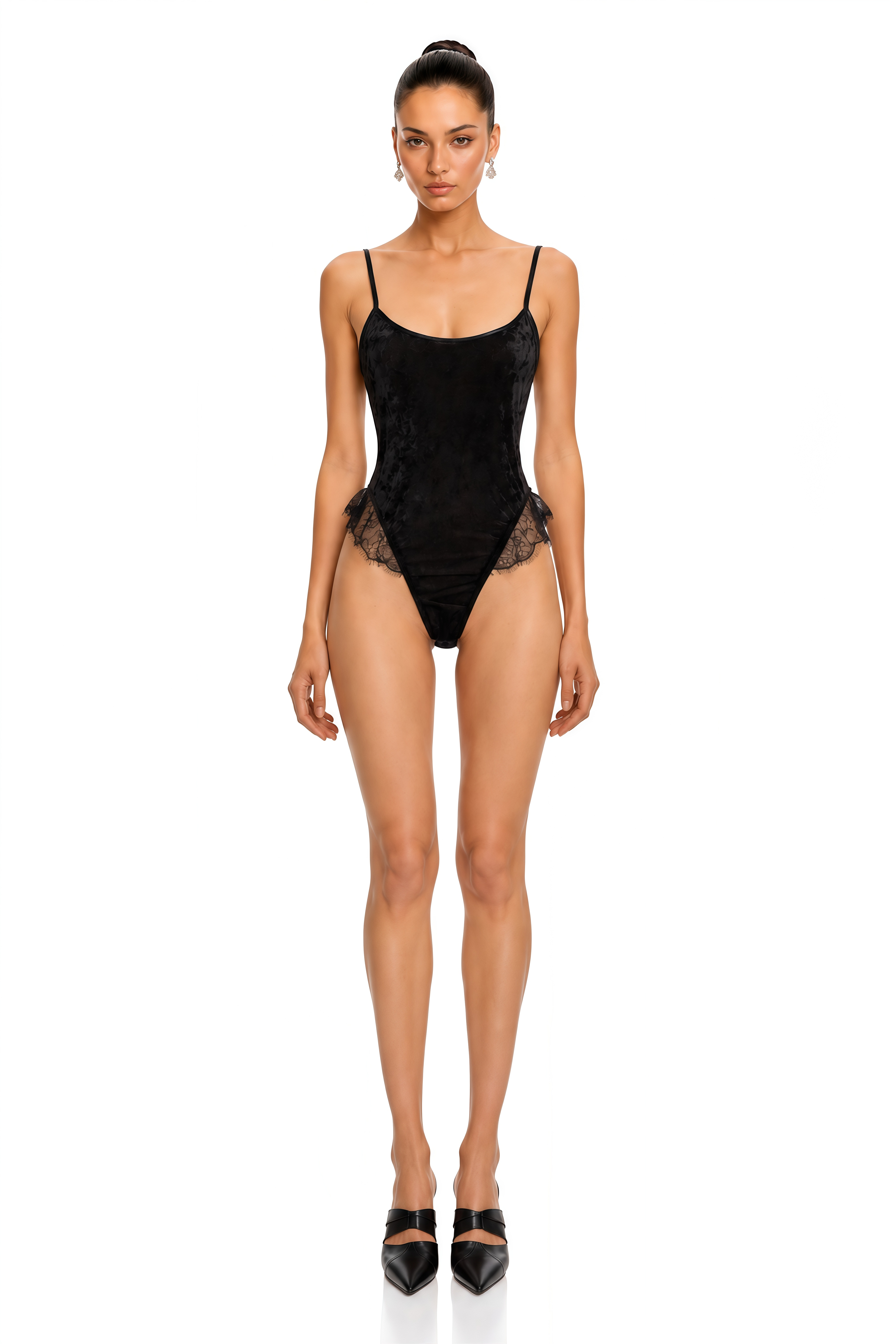 Mehrin Black Velvet Lace Trim Bodysuit