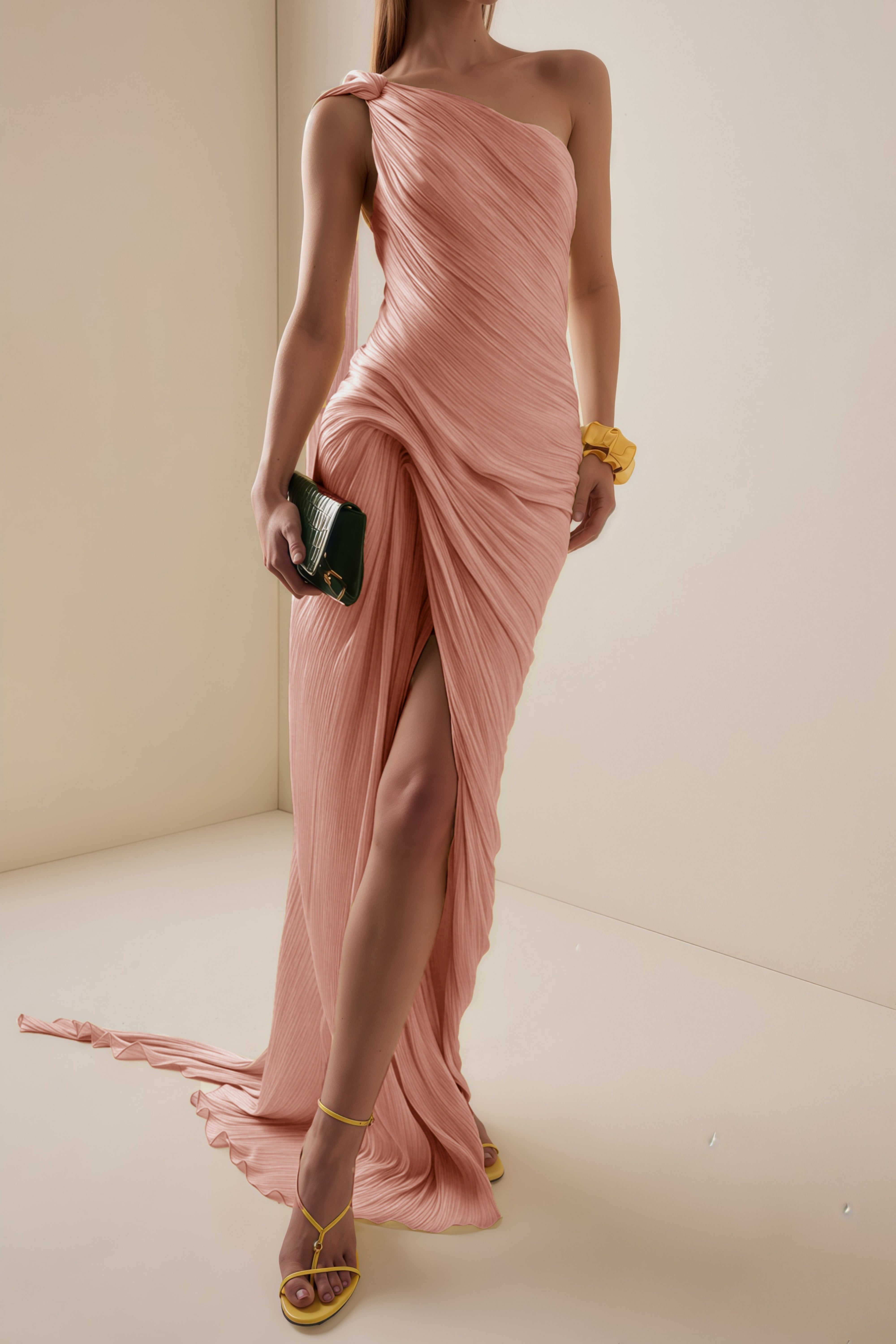 Dusty pink pleated one-shoulder dress with a high slit
