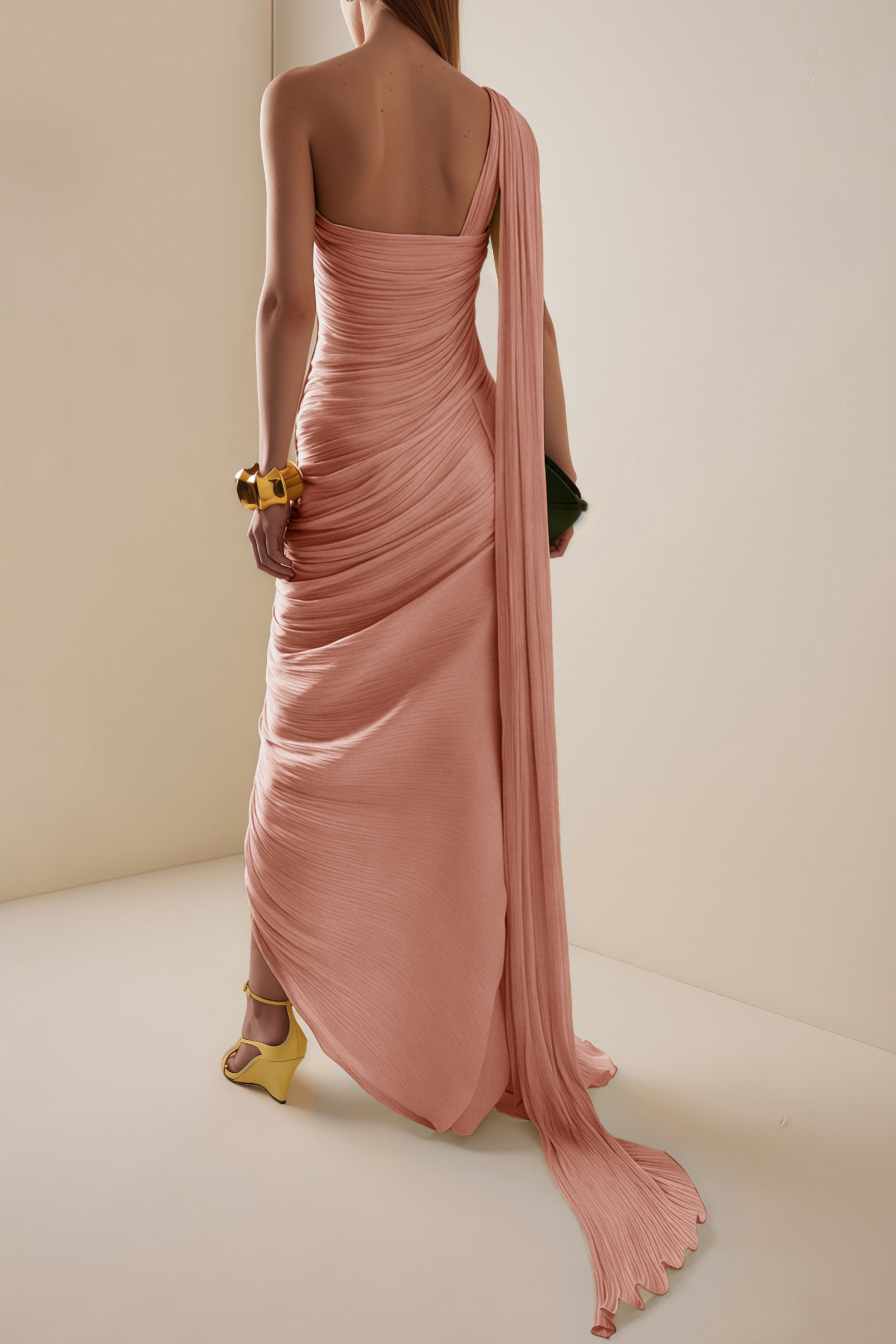 Dusty pink pleated one-shoulder dress with a high slit