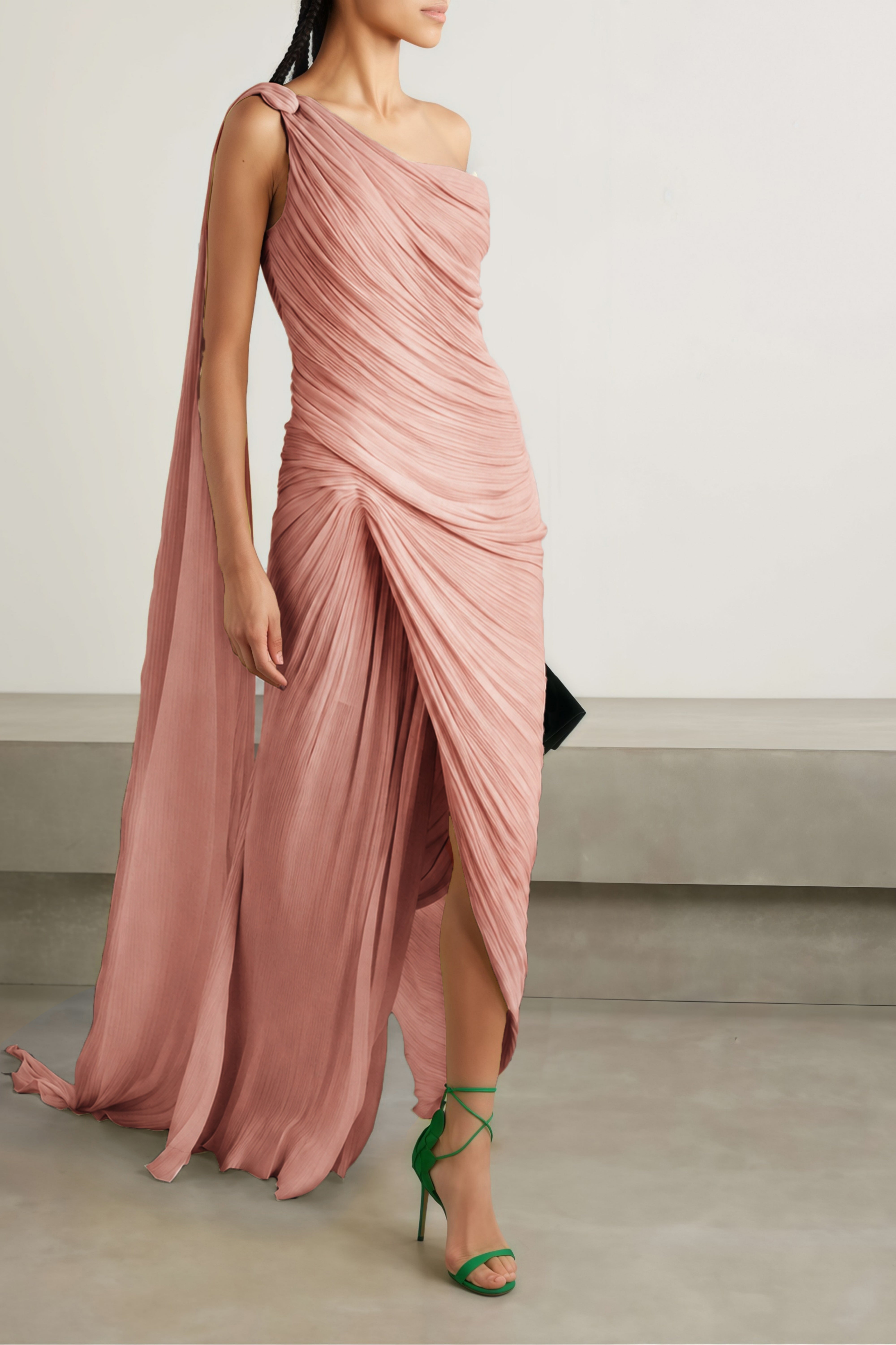 Dusty pink pleated one-shoulder dress with a high slit