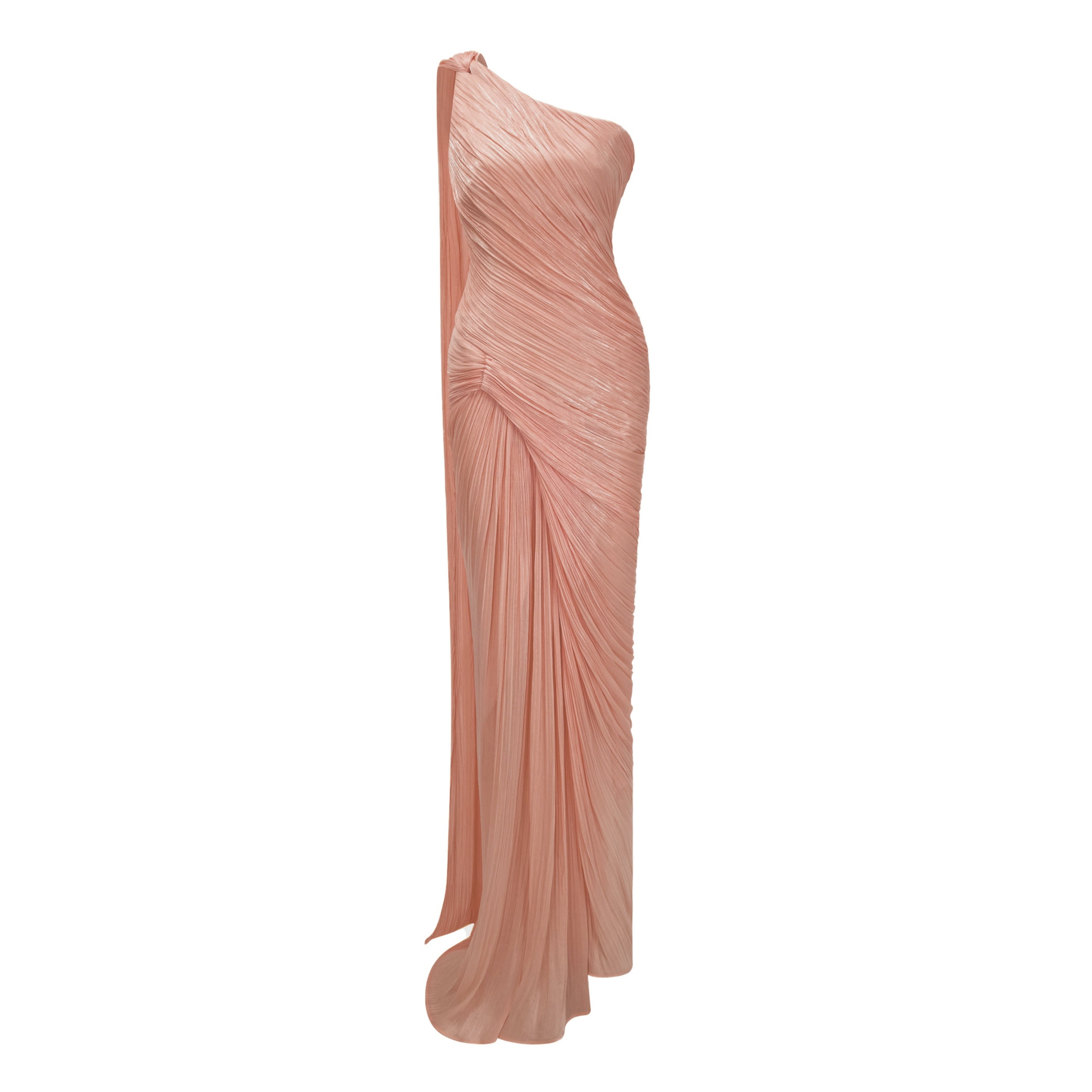 Dusty pink pleated one-shoulder dress with a high slit
