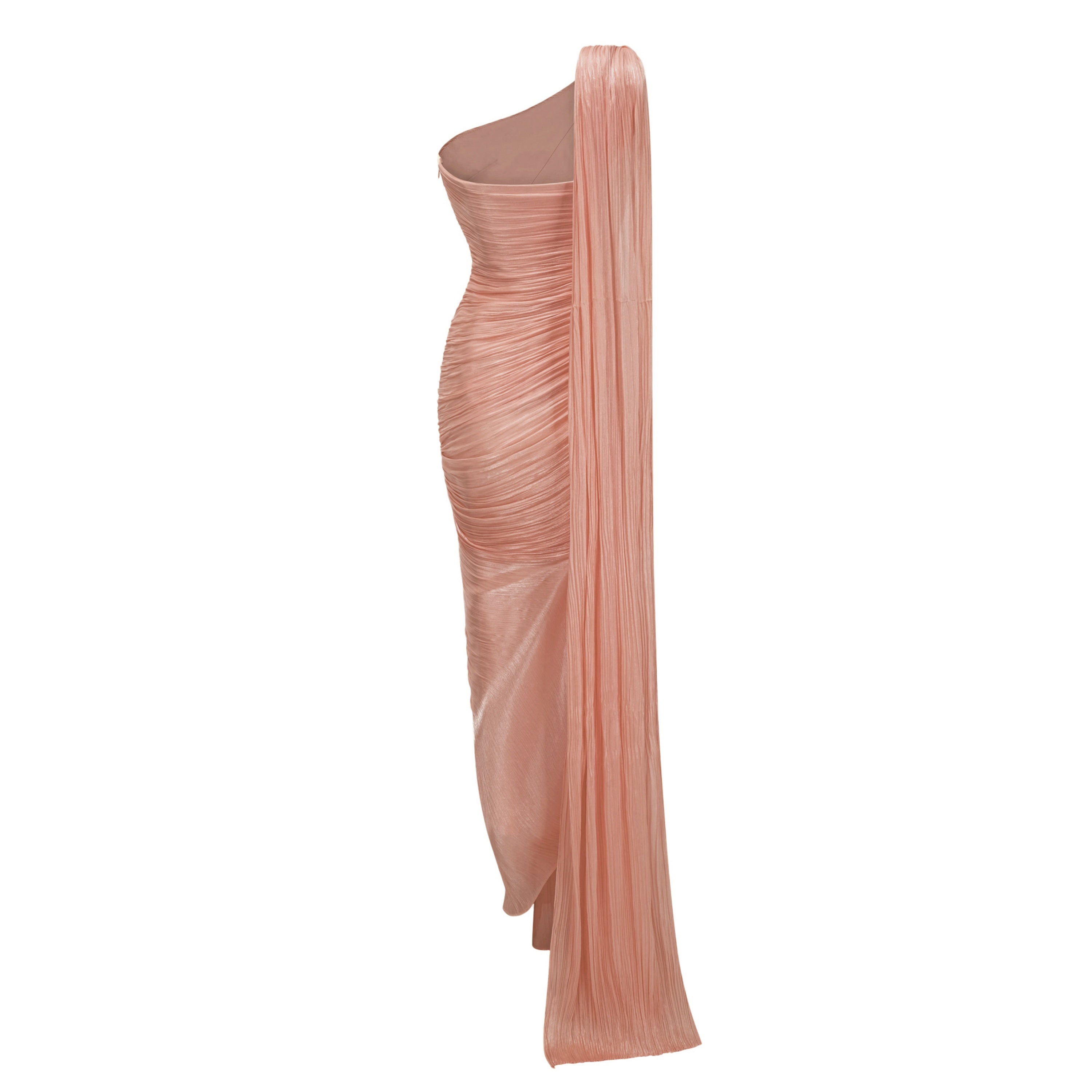 Dusty pink pleated one-shoulder dress with a high slit