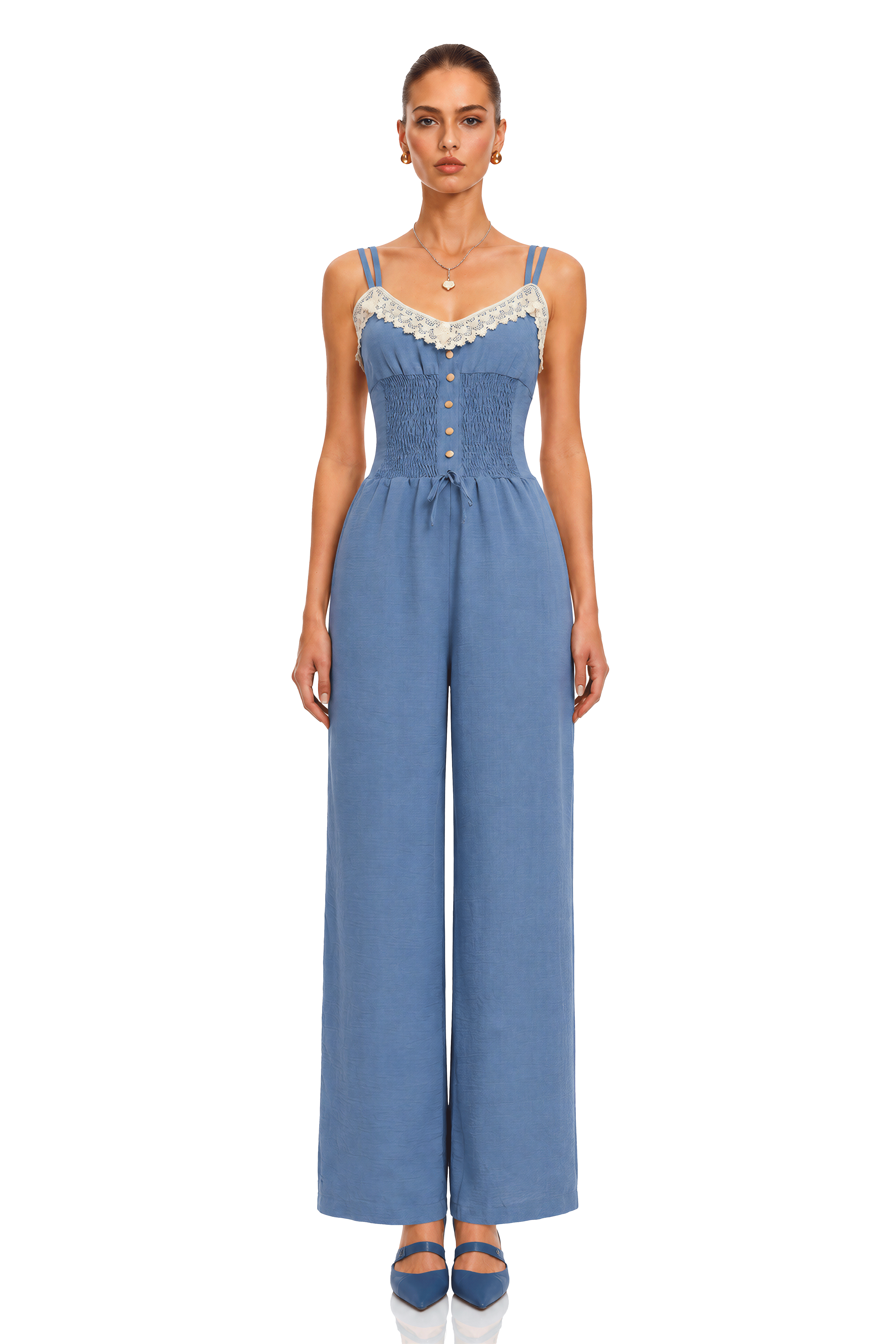Melicent Blue Lace Trim Wide Leg Jumpsuit