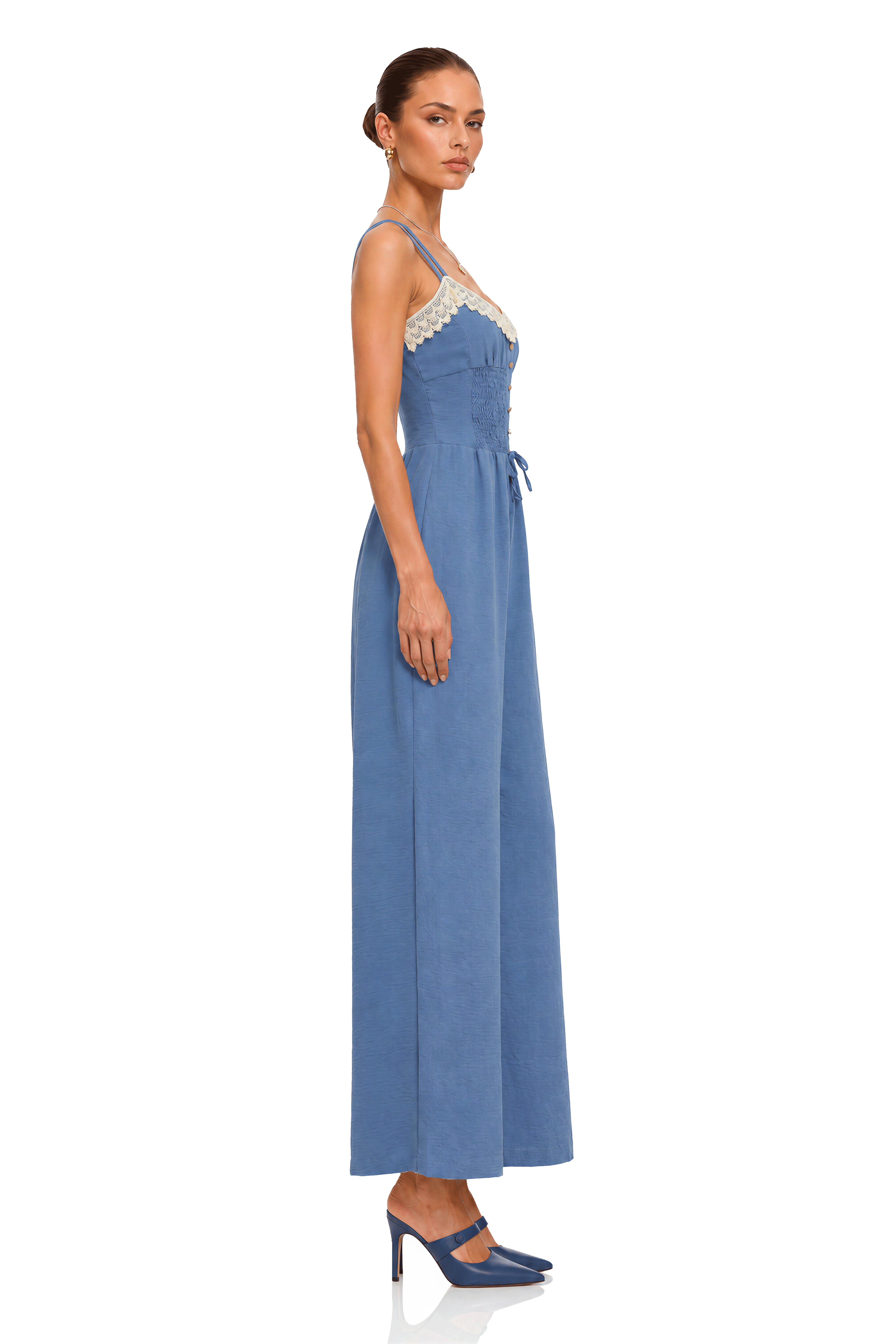 Melicent Blue Lace Trim Wide Leg Jumpsuit