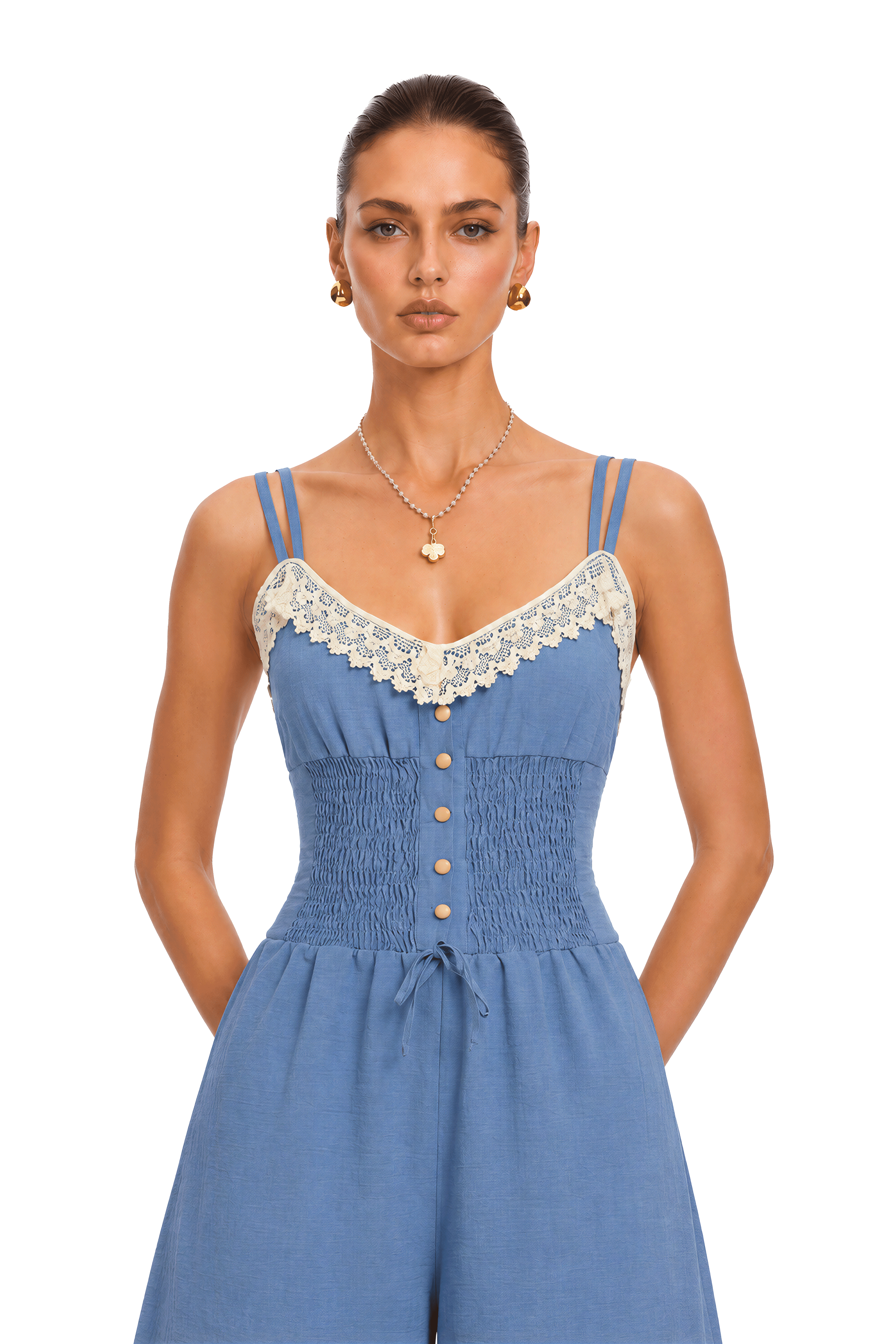 Melicent Blue Lace Trim Wide Leg Jumpsuit