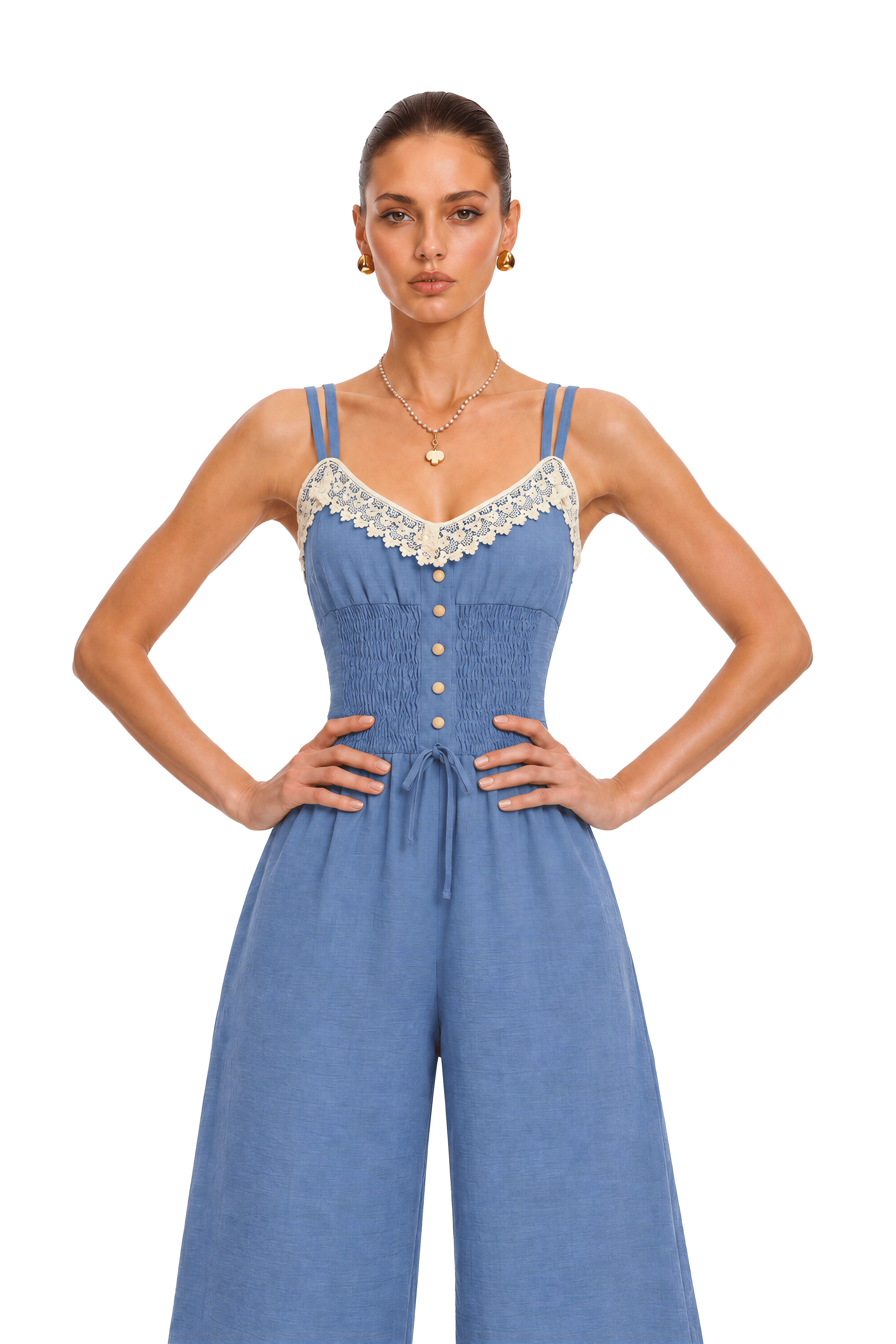 Melicent Blue Lace Trim Wide Leg Jumpsuit