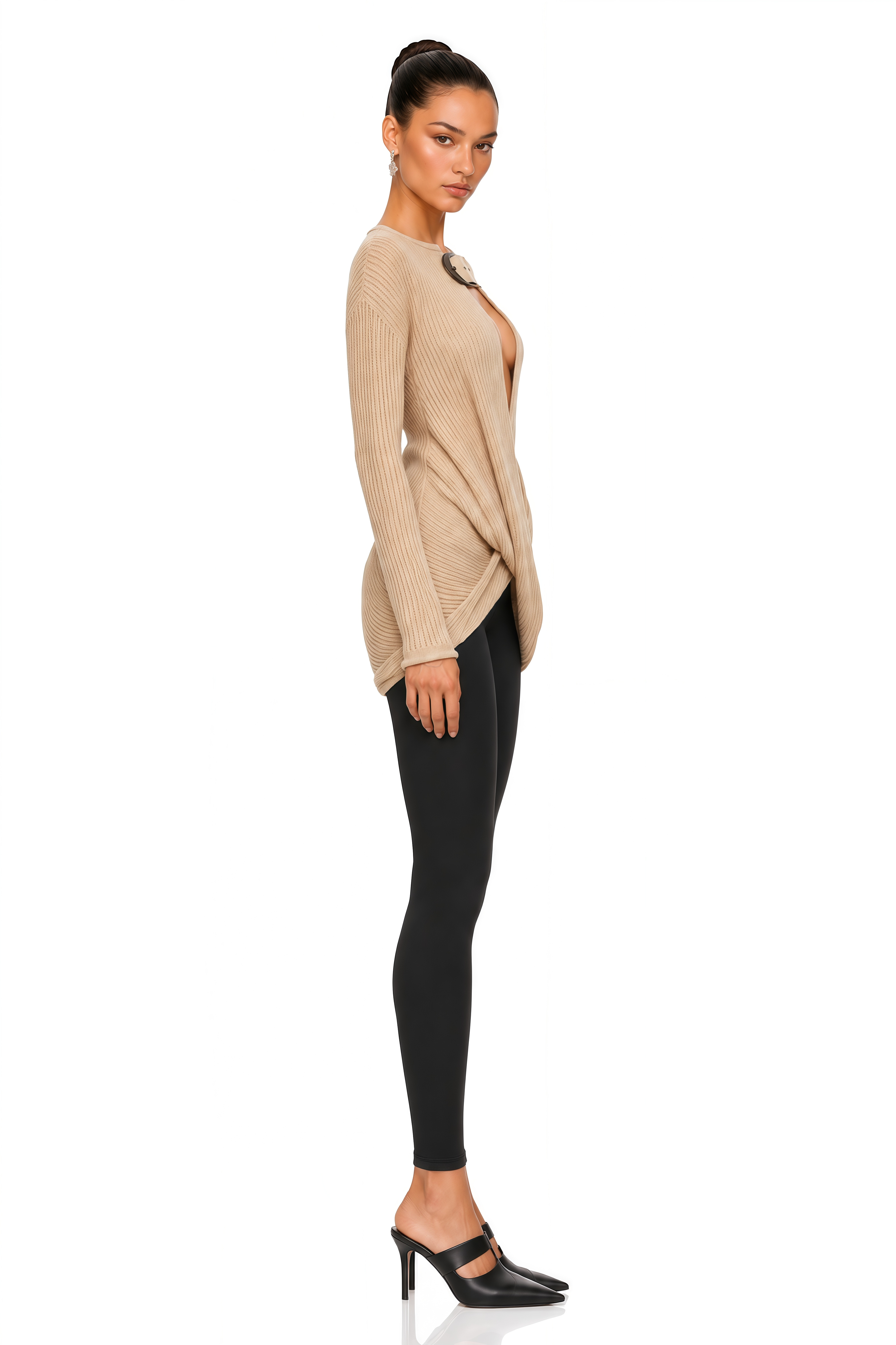 Melisandre Beige Buckled Cut-Out Ribbed Knit Top
