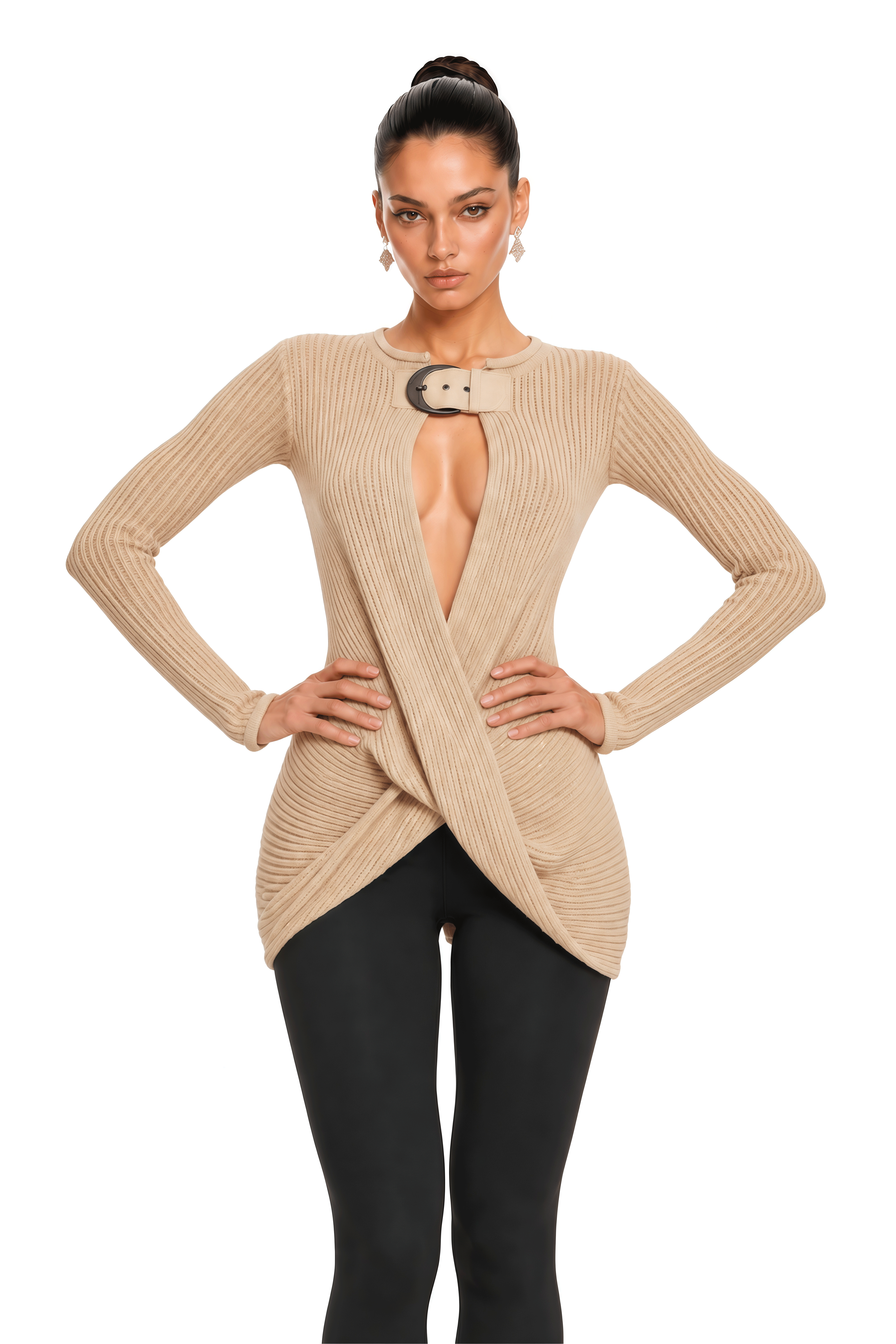 Melisandre Beige Buckled Cut-Out Ribbed Knit Top