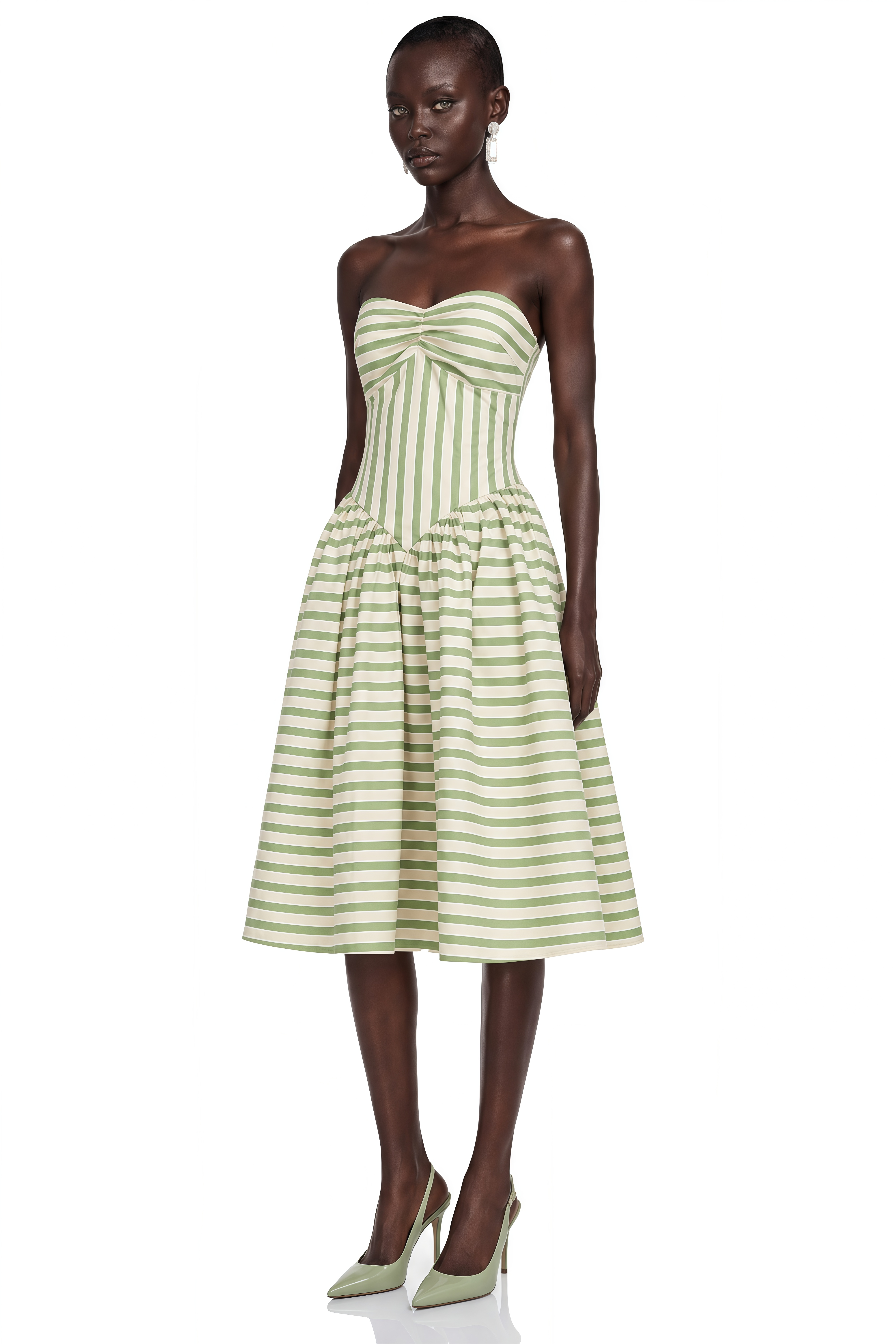 Green and off-white striped strapless midi dress