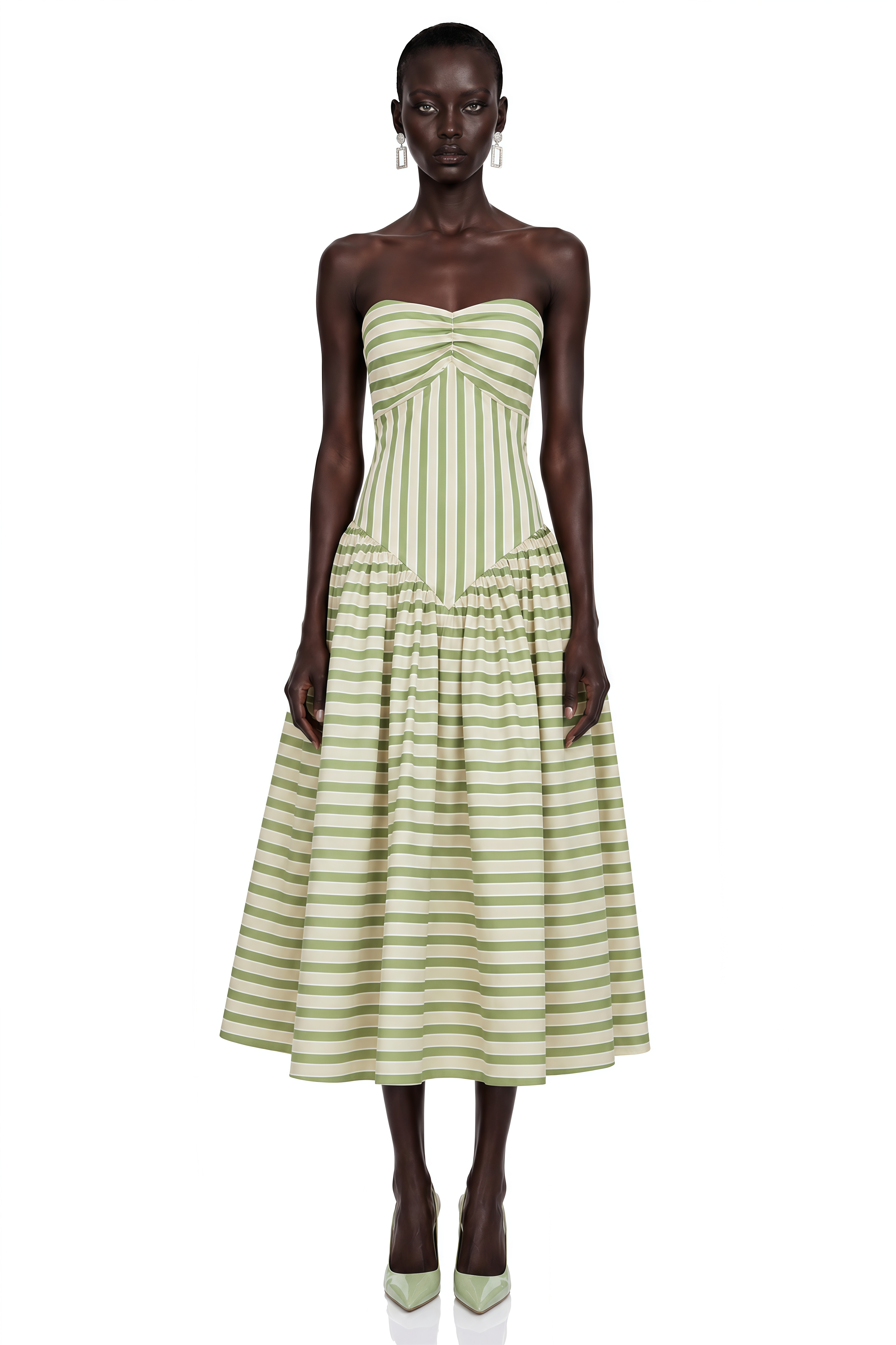 Green and off-white striped strapless midi dress