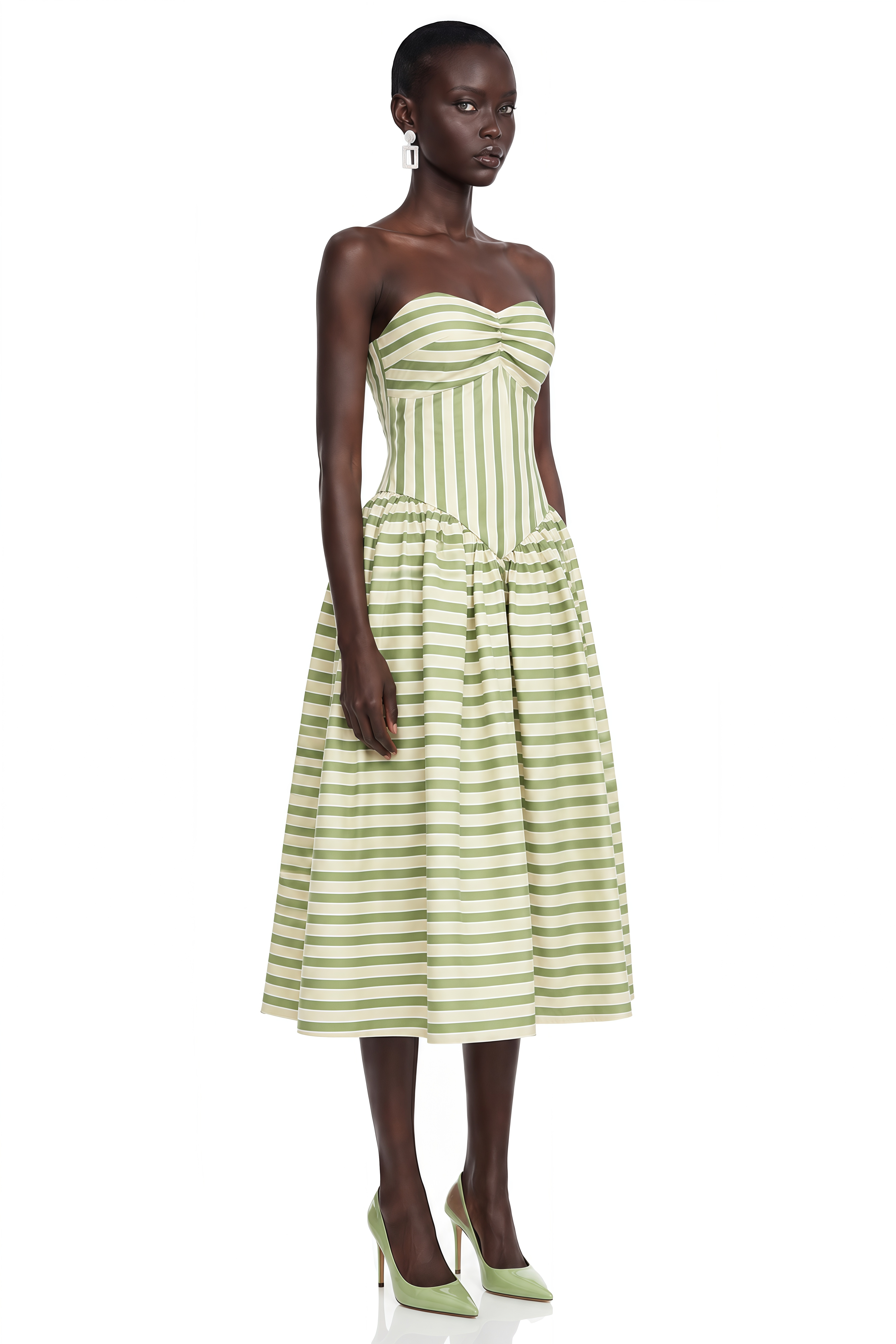 Green and off-white striped strapless midi dress