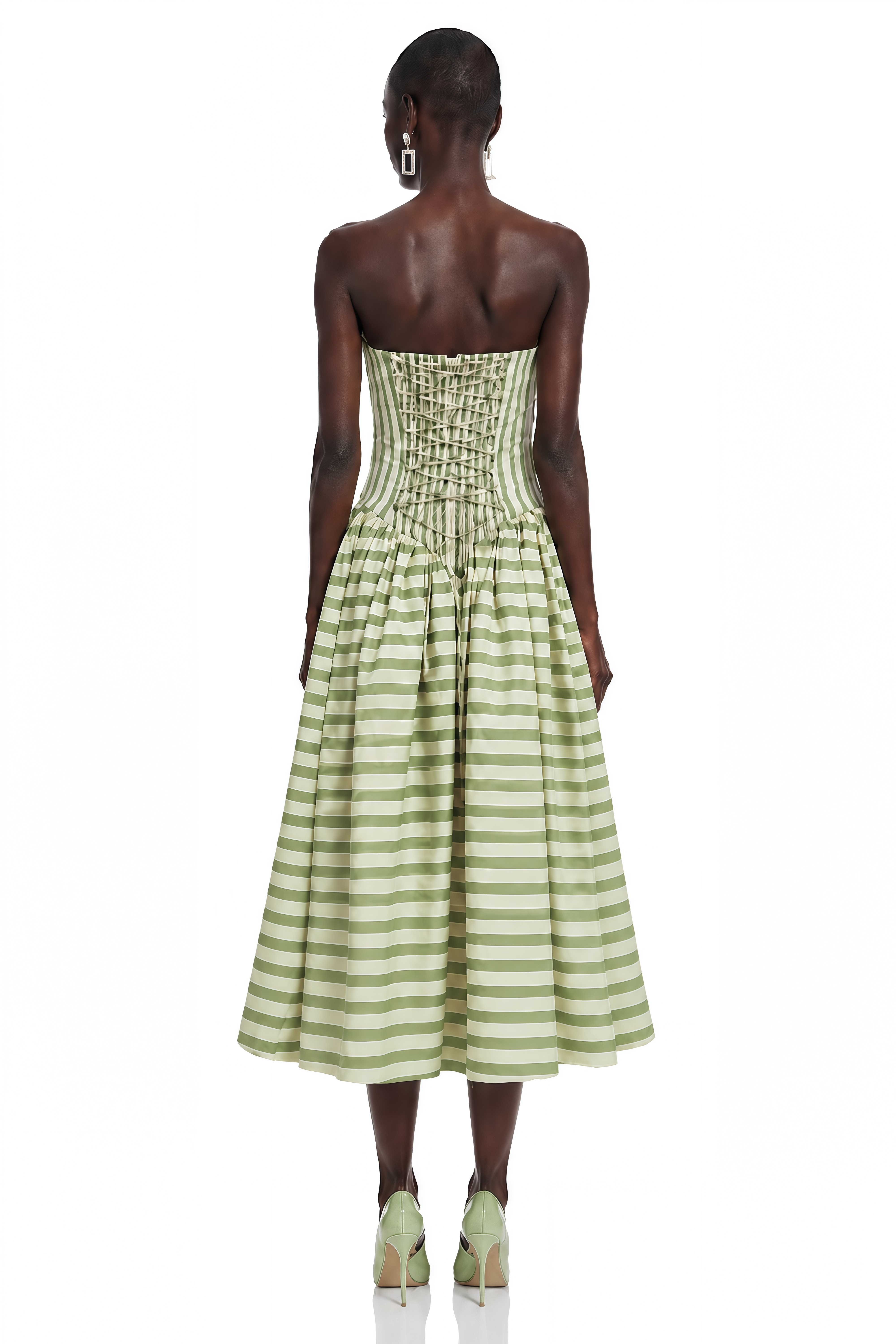 Green and off-white striped strapless midi dress