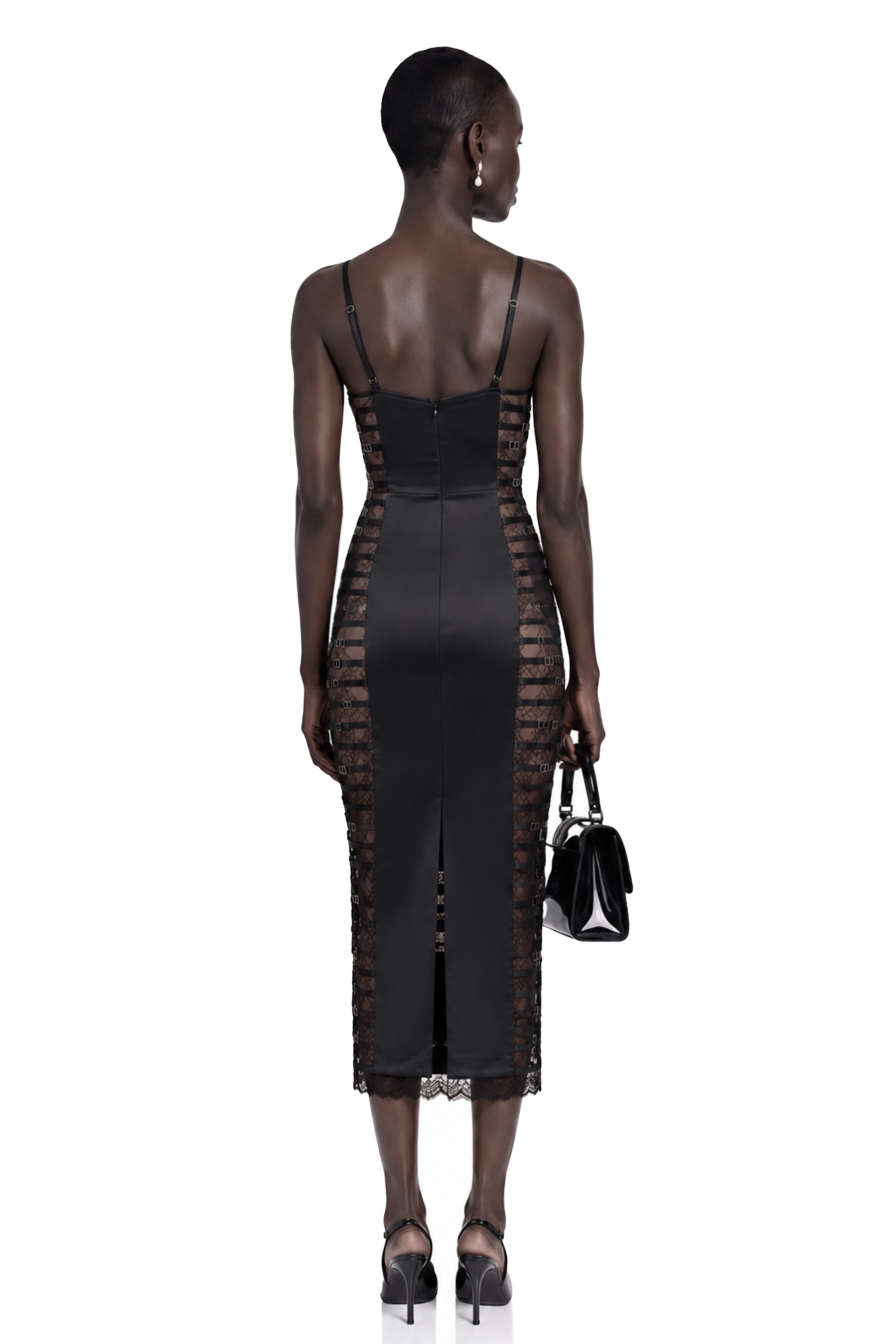 Melora Black Floral Lace Semi-Sheer Midi Dress