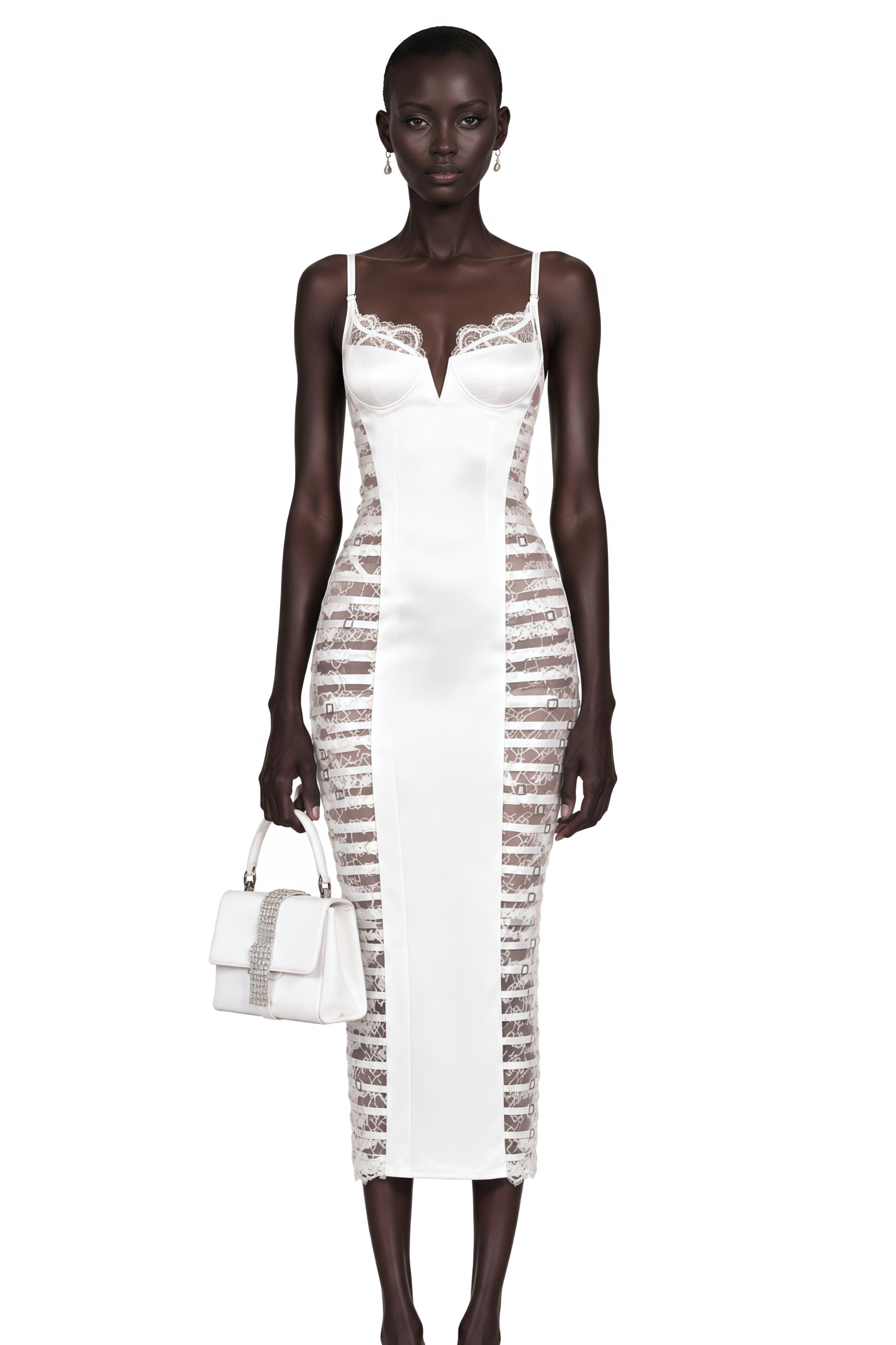 Melora White Floral Lace Semi-Sheer Midi Dress