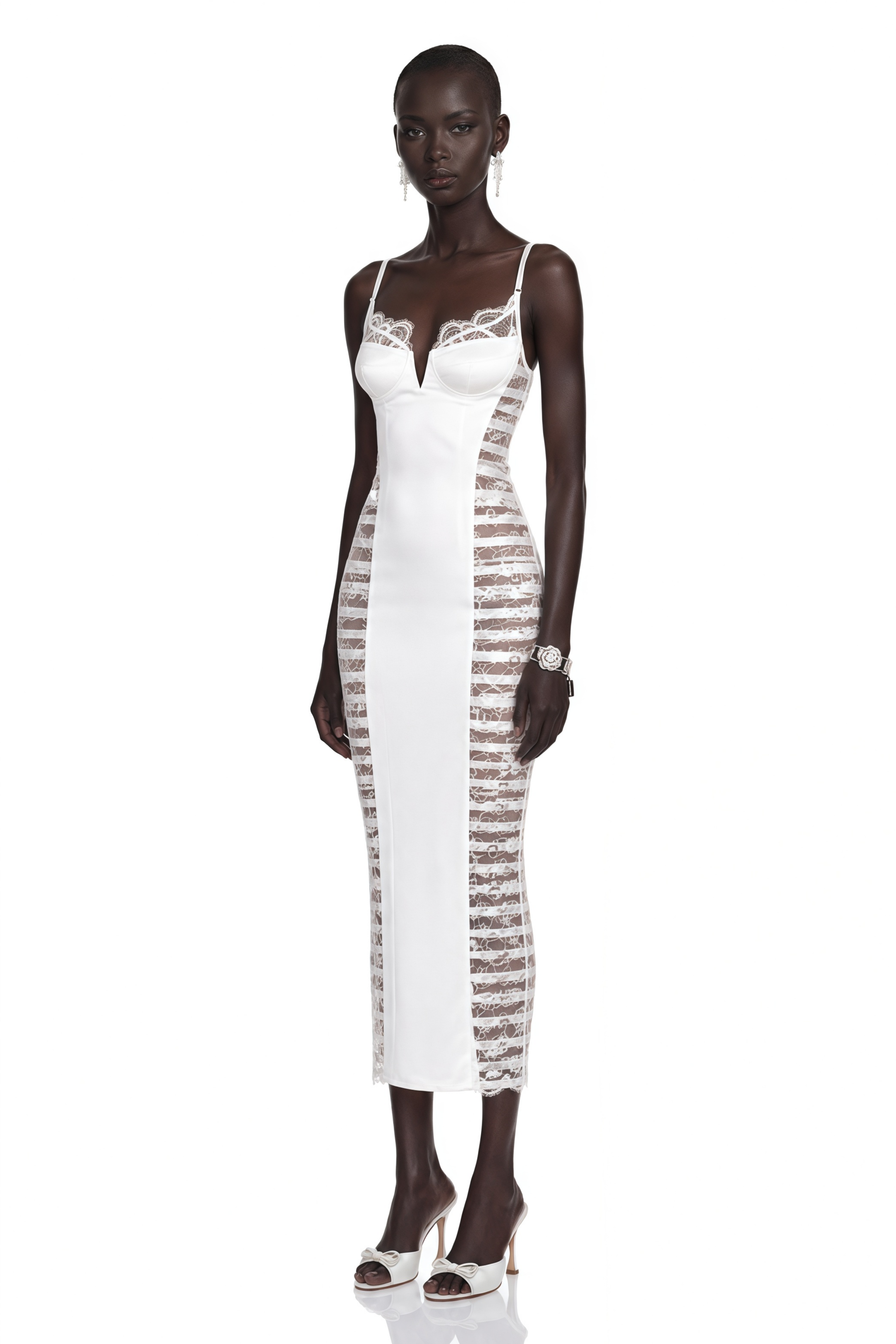 Melora White Floral Lace Semi-Sheer Midi Dress