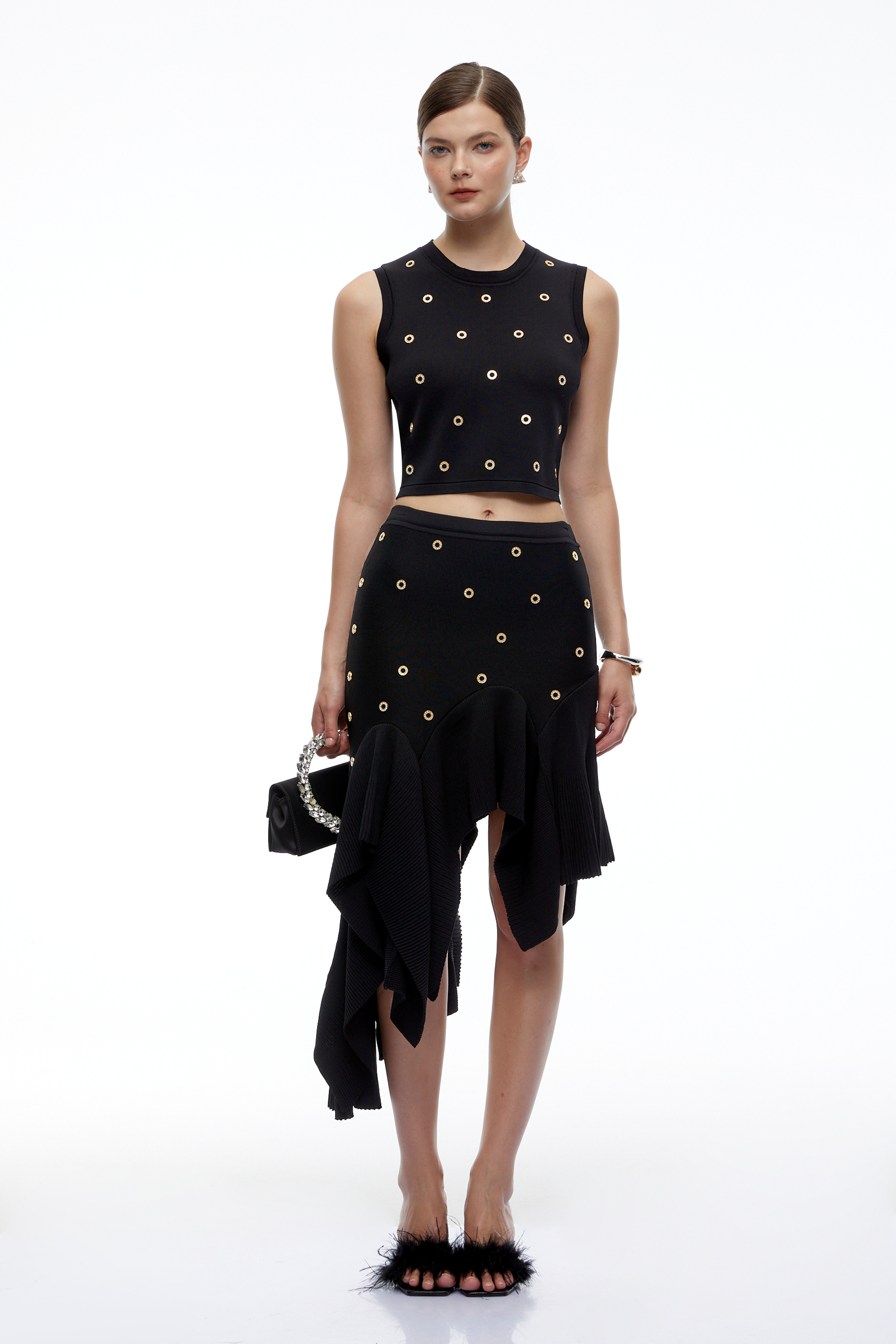 Meredith Black Top & Asymmetric Ruffle Midi Skirt Set