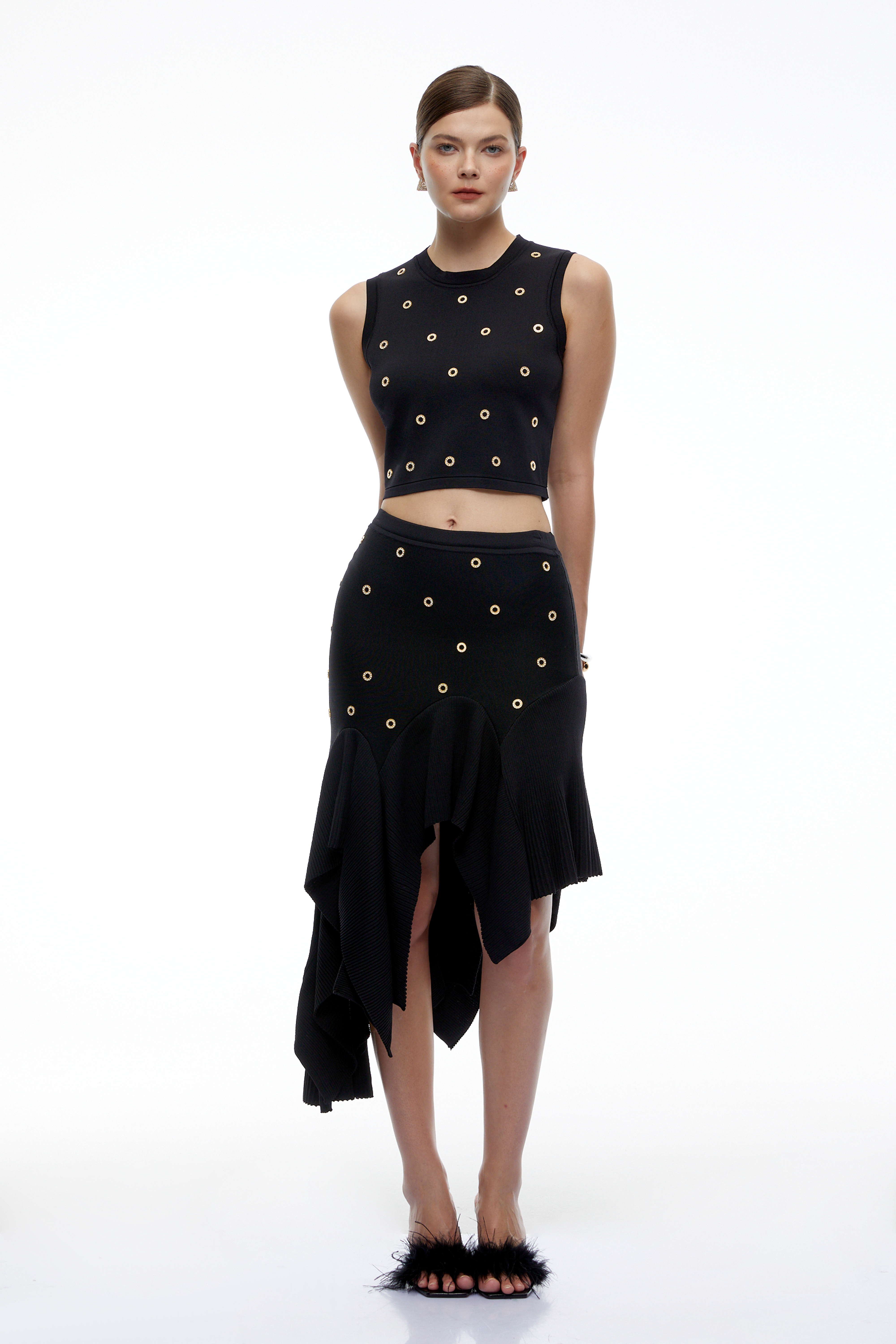 Meredith Black Top & Asymmetric Ruffle Midi Skirt Set