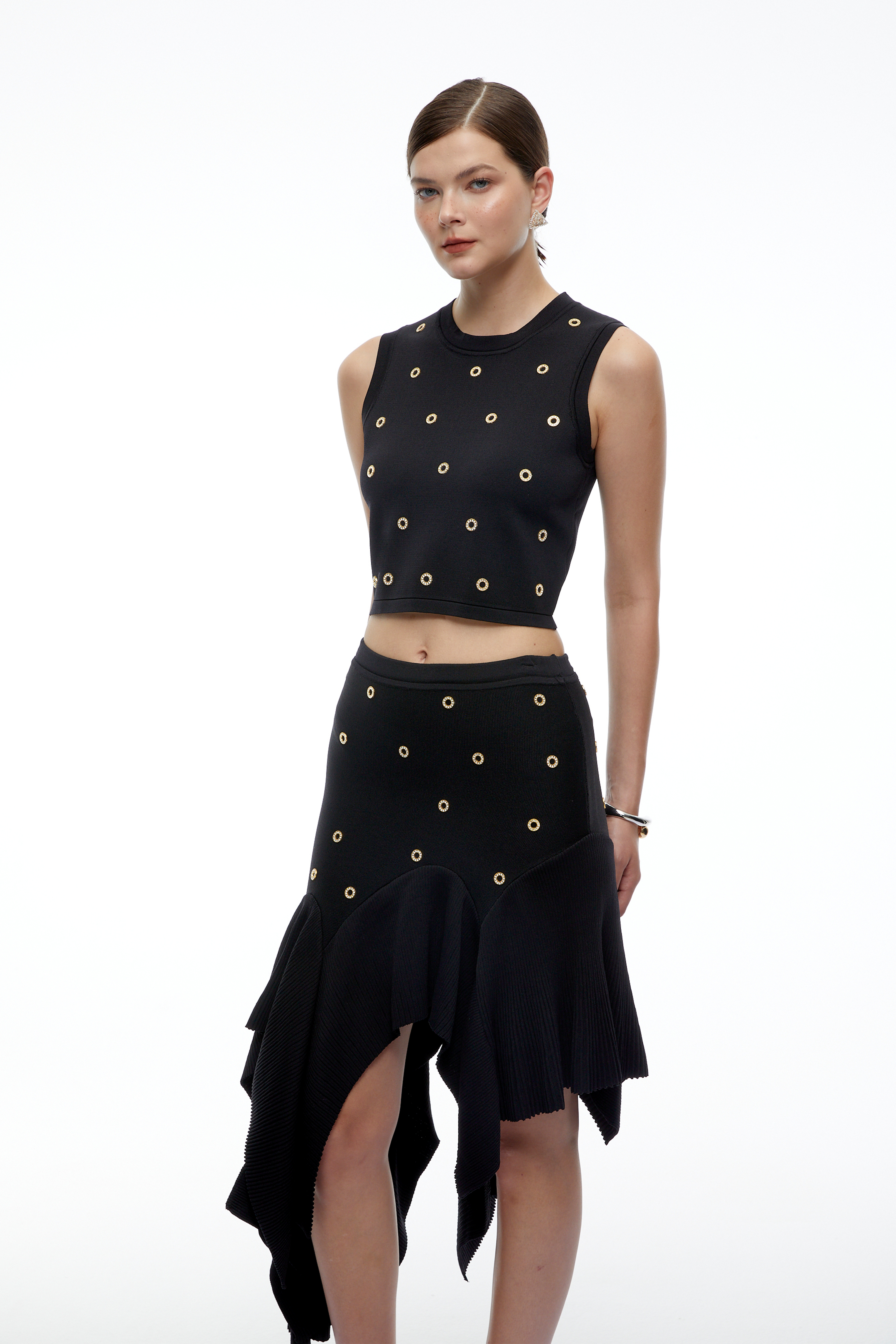 Meredith Black Top & Asymmetric Ruffle Midi Skirt Set