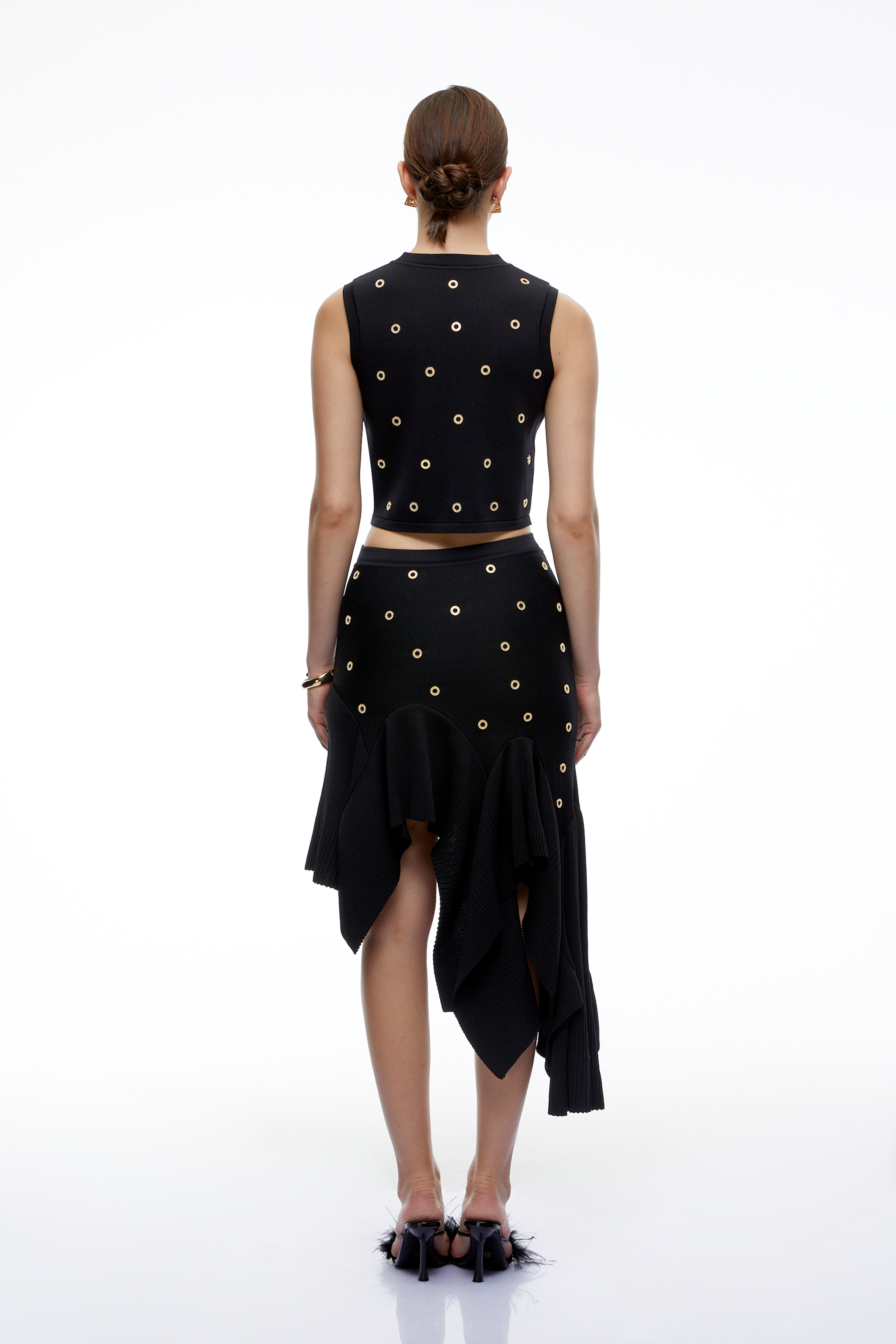 Meredith Black Top & Asymmetric Ruffle Midi Skirt Set