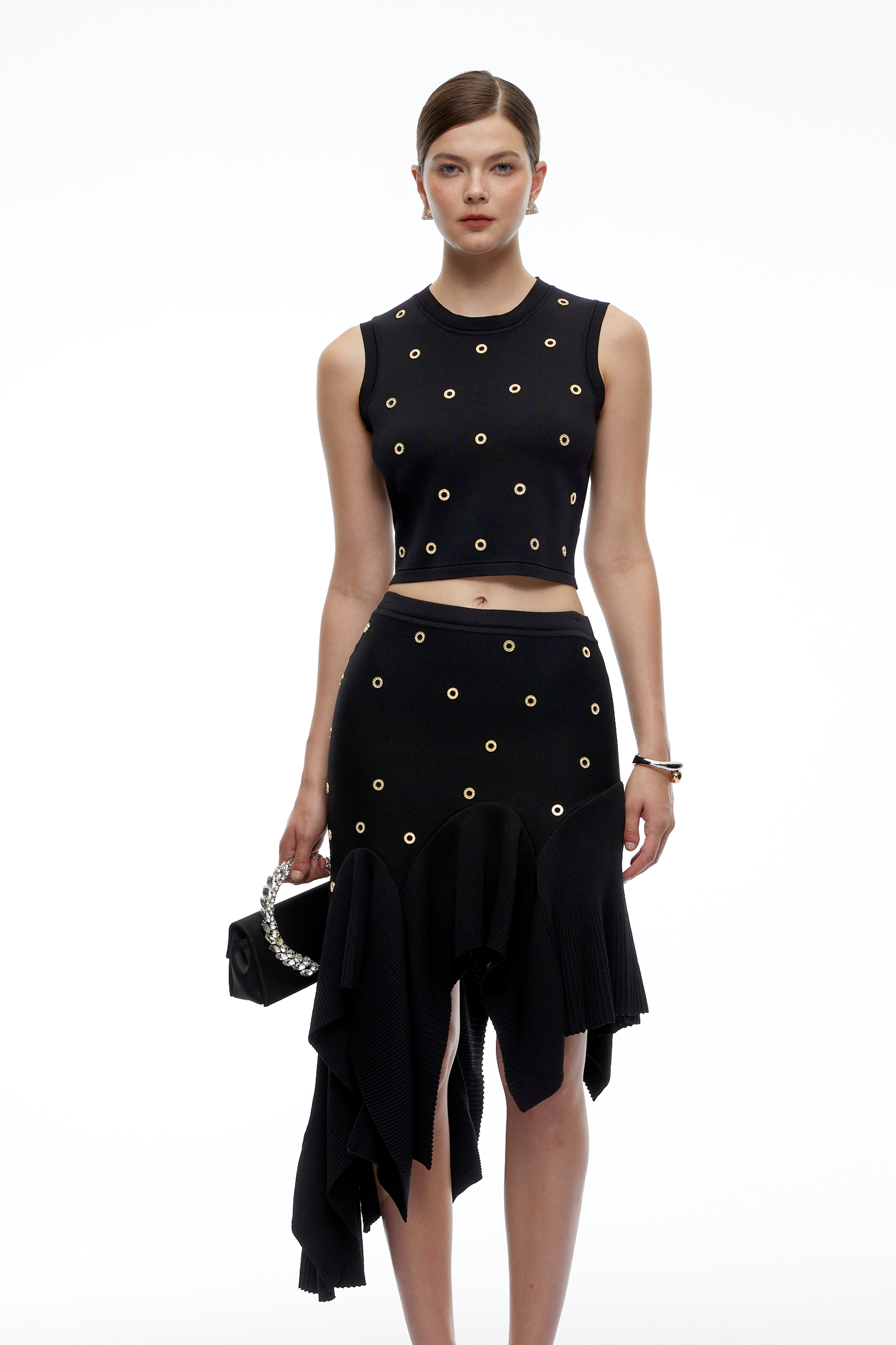 Meredith Black Top & Asymmetric Ruffle Midi Skirt Set