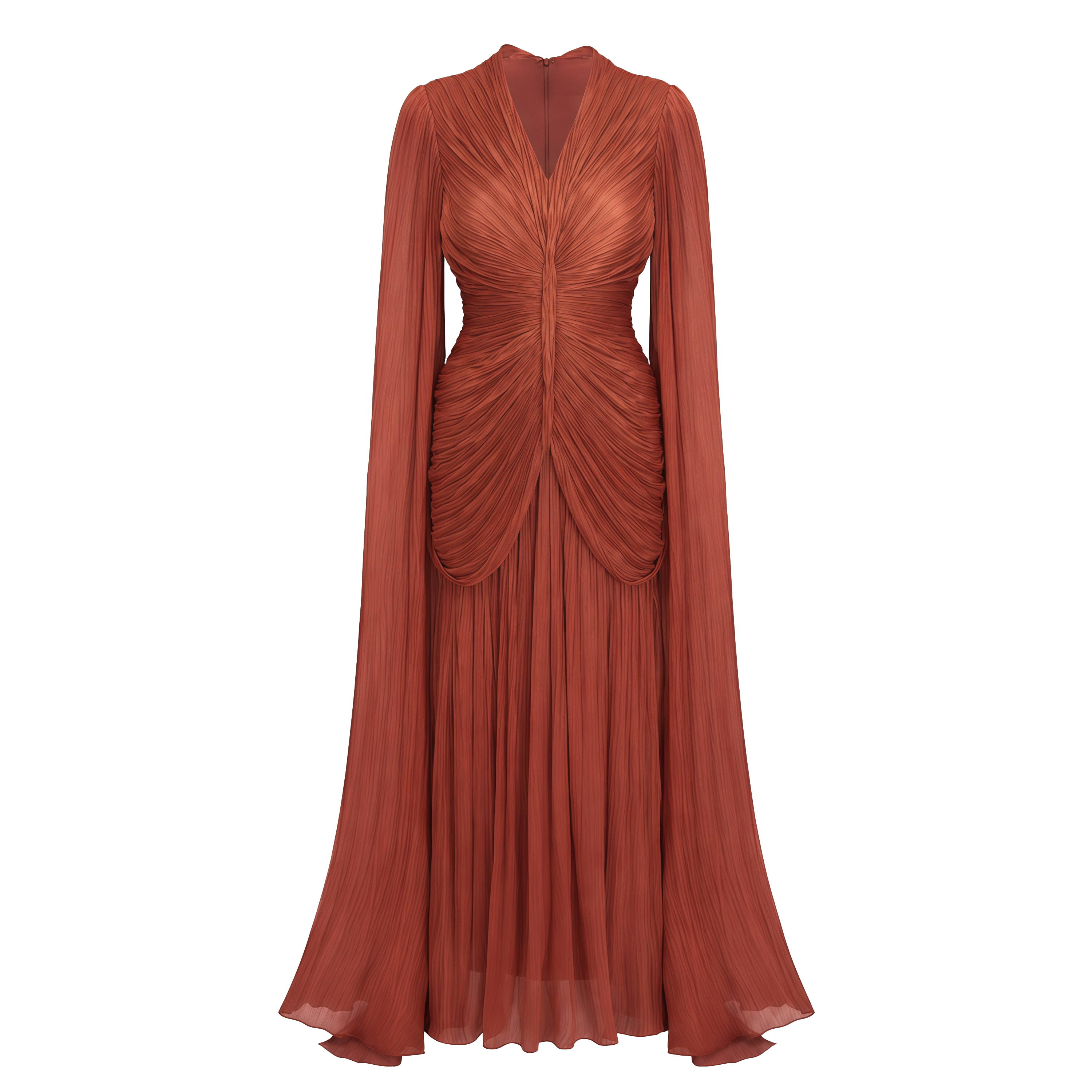 Merve Rust Brown Draped Ruched Maxi Dress