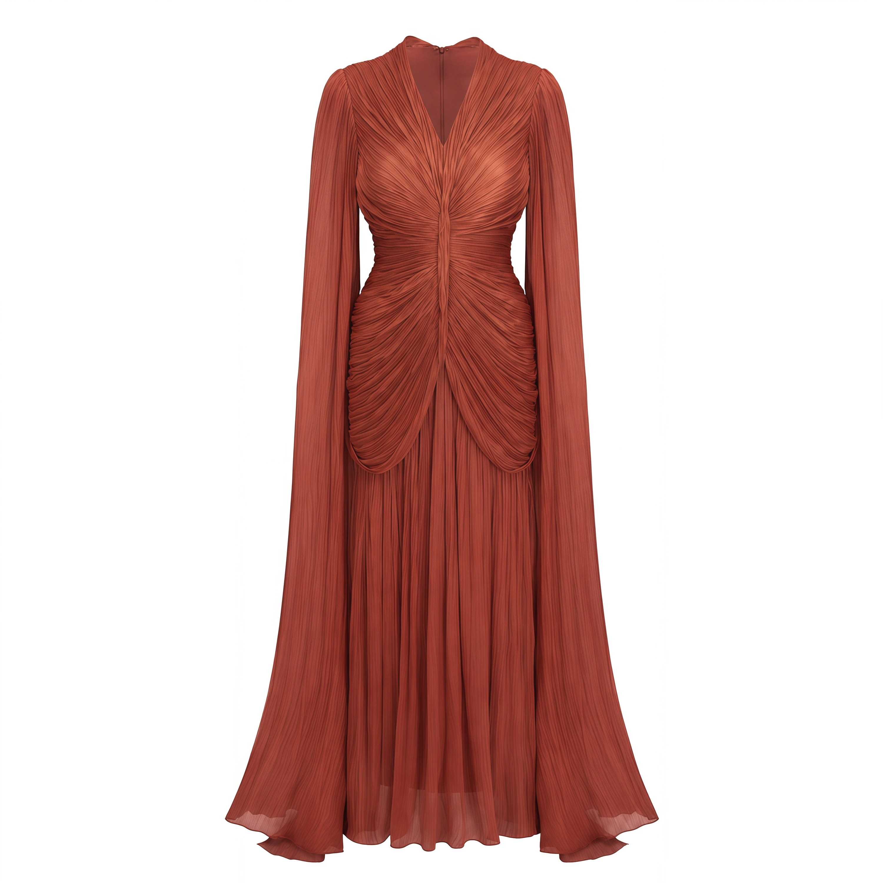 Merve Rust Brown Draped Ruched Maxi Dress