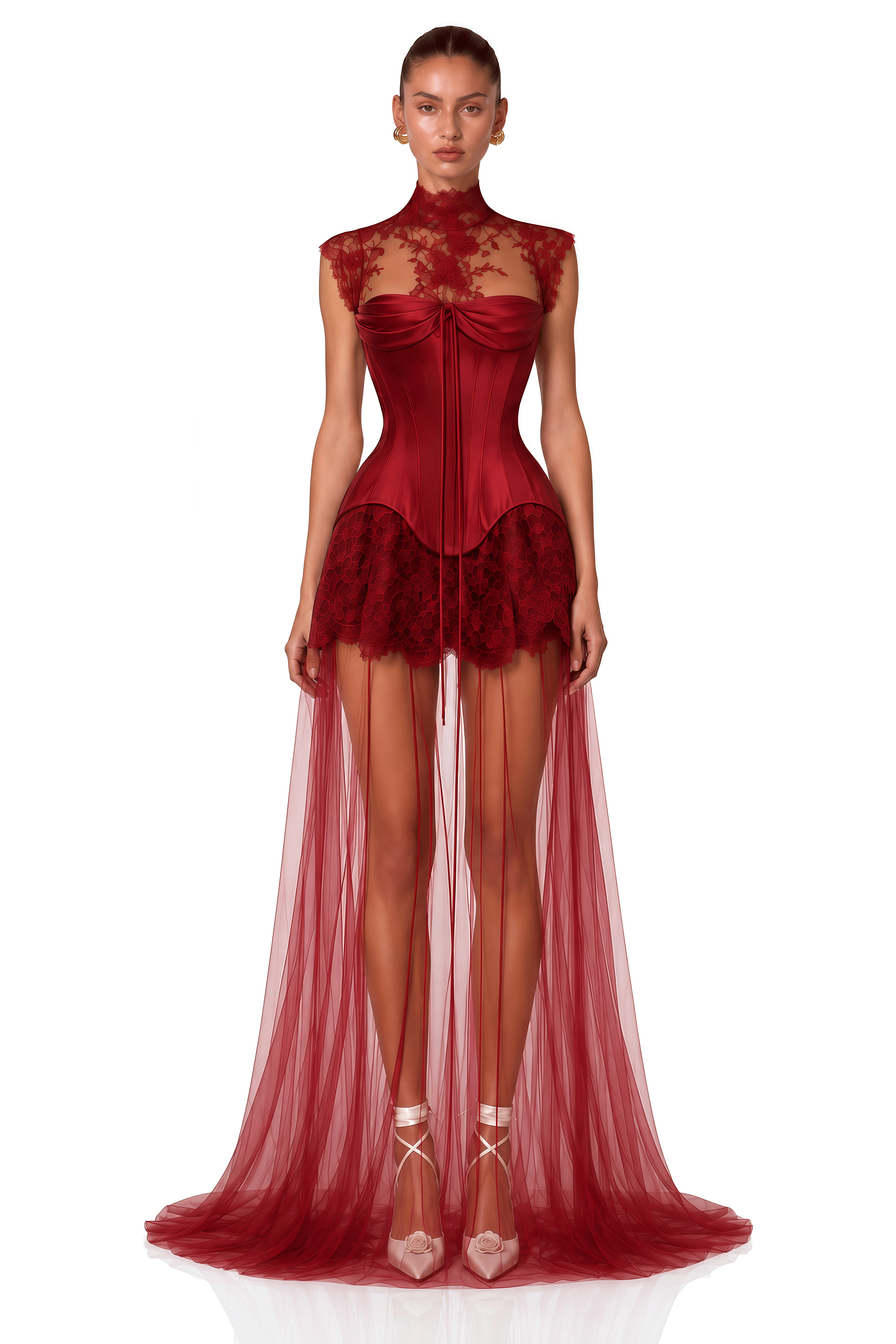 Michalina Red Lace Convertible Gown with Detachable Skirt