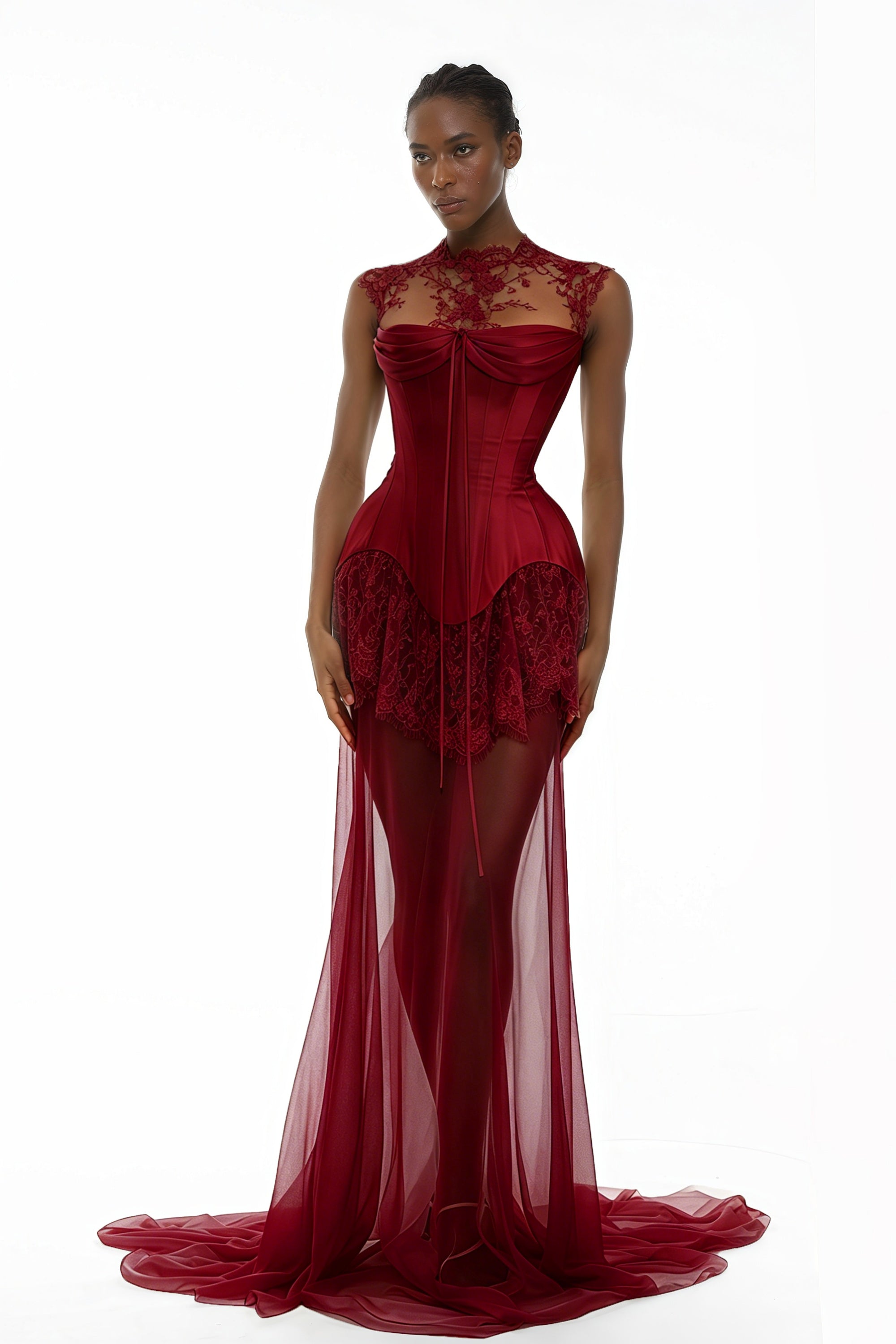Dark red corset mini dress with lace trim and a high neckline