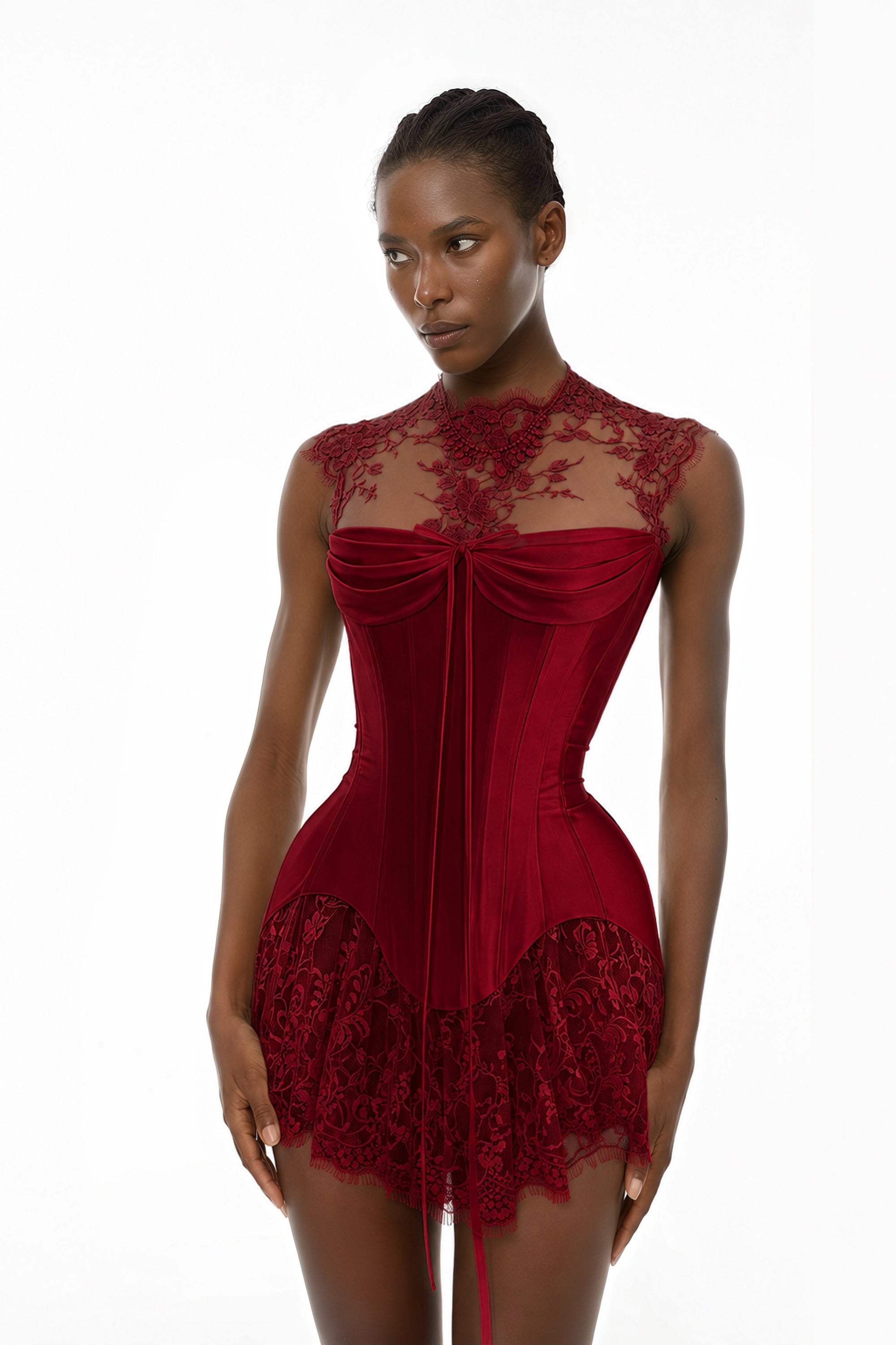 Dark red corset mini dress with lace trim and a high neckline