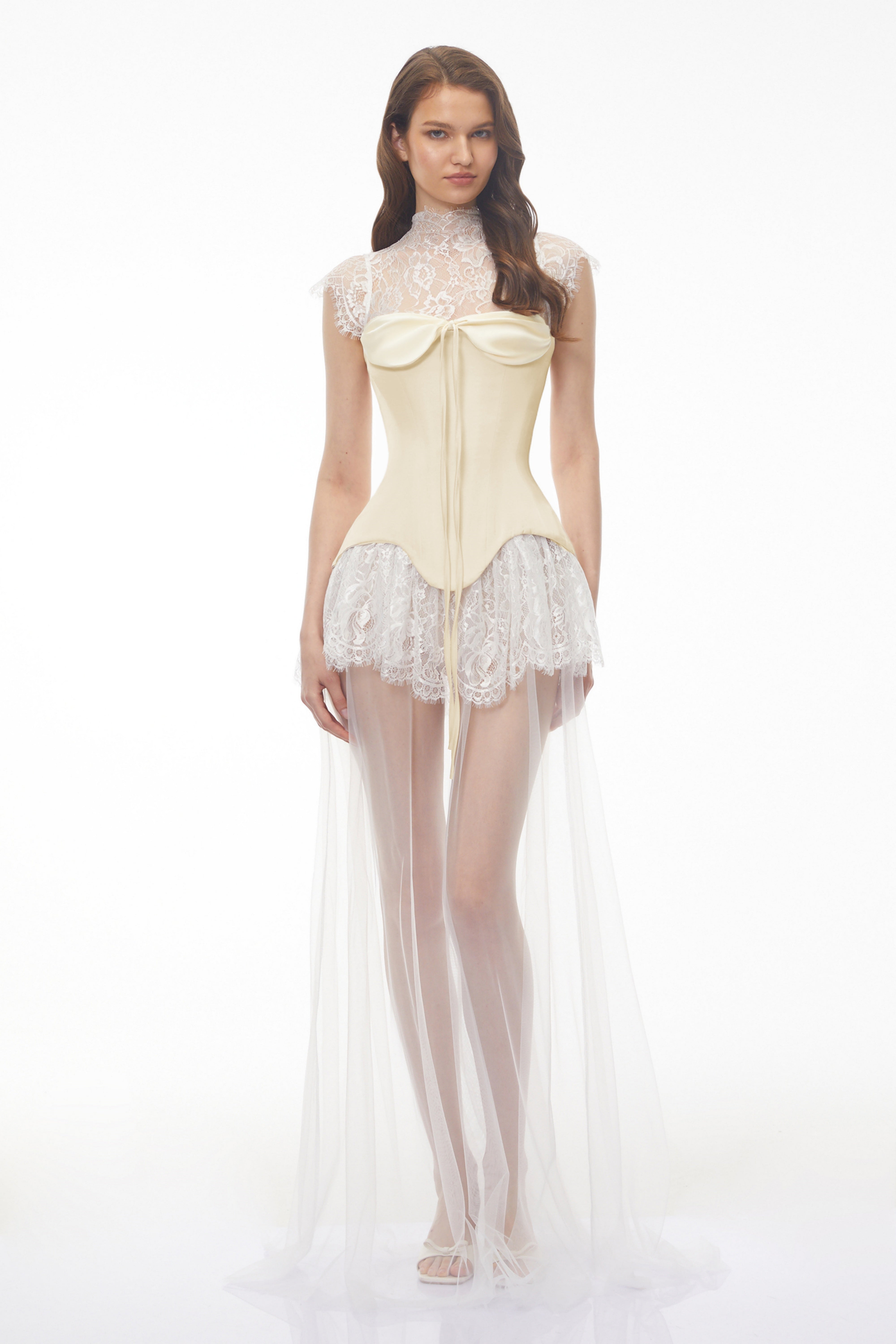 White Lace Convertible Gown with Detachable Skirt
