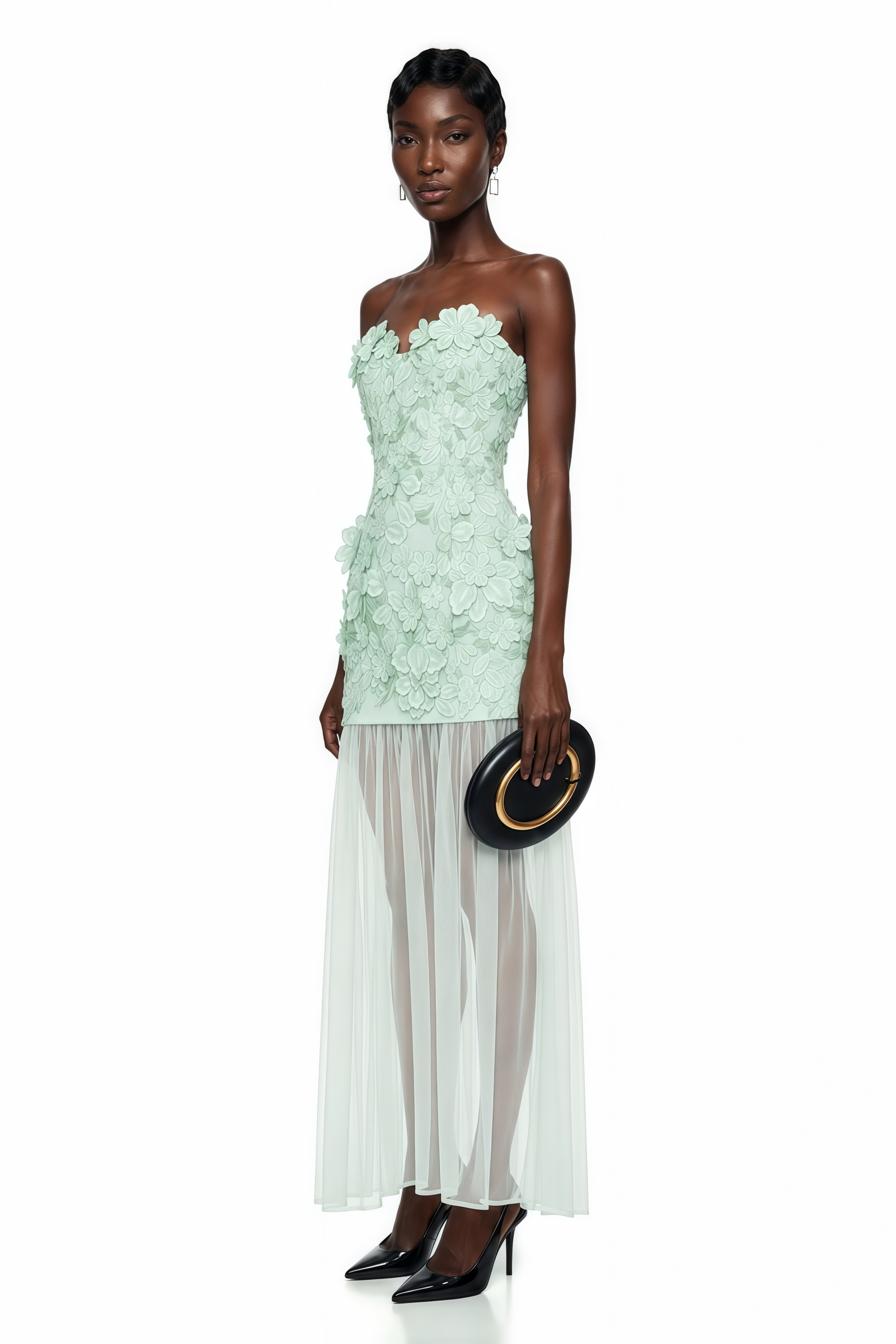Mint green strapless maxi dress featuring a 3D floral applique bodice and a sheer tulle floor-length skirt