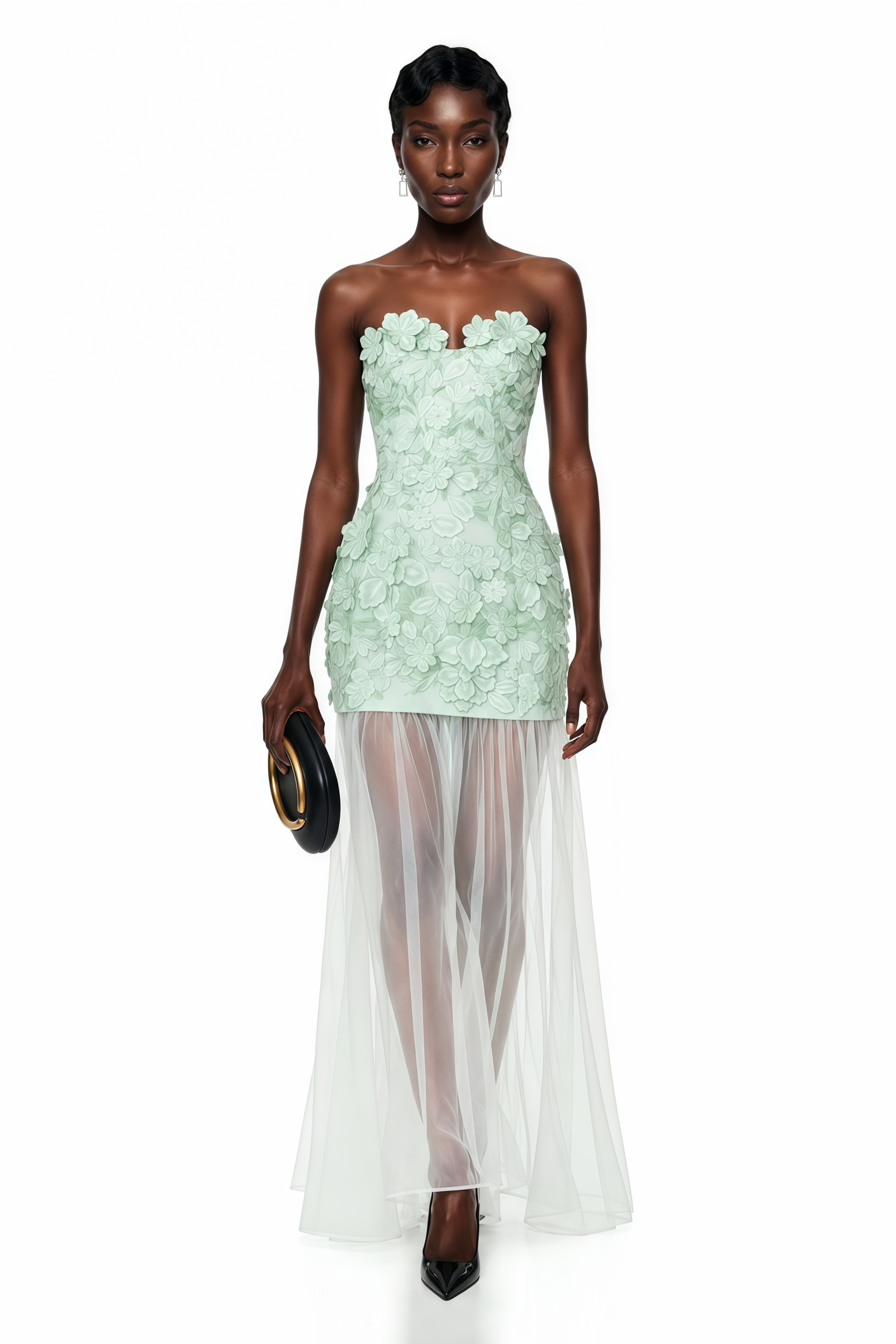 Mint green strapless maxi dress featuring a 3D floral applique bodice and a sheer tulle floor-length skirt