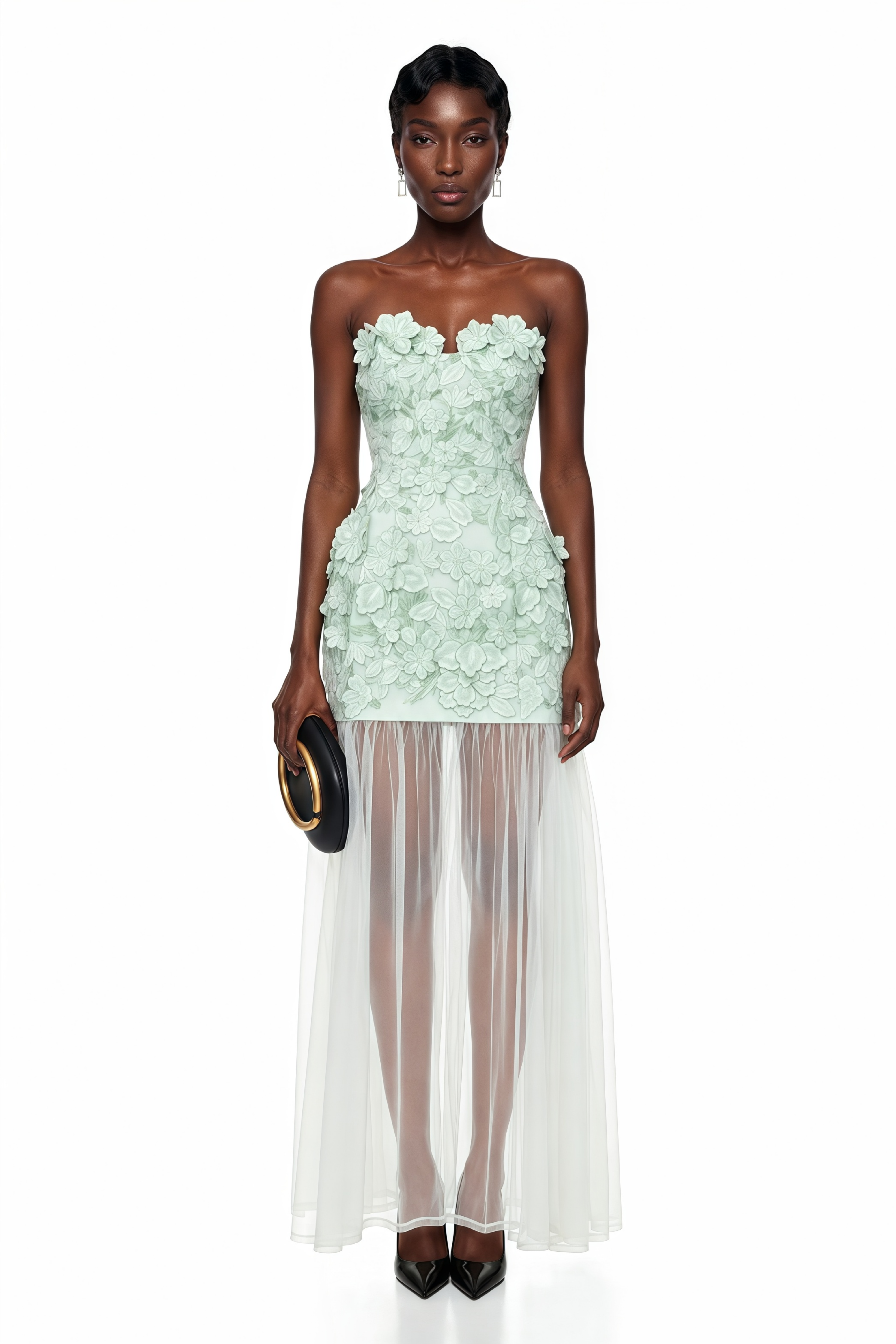 Mint green strapless maxi dress featuring a 3D floral applique bodice and a sheer tulle floor-length skirt
